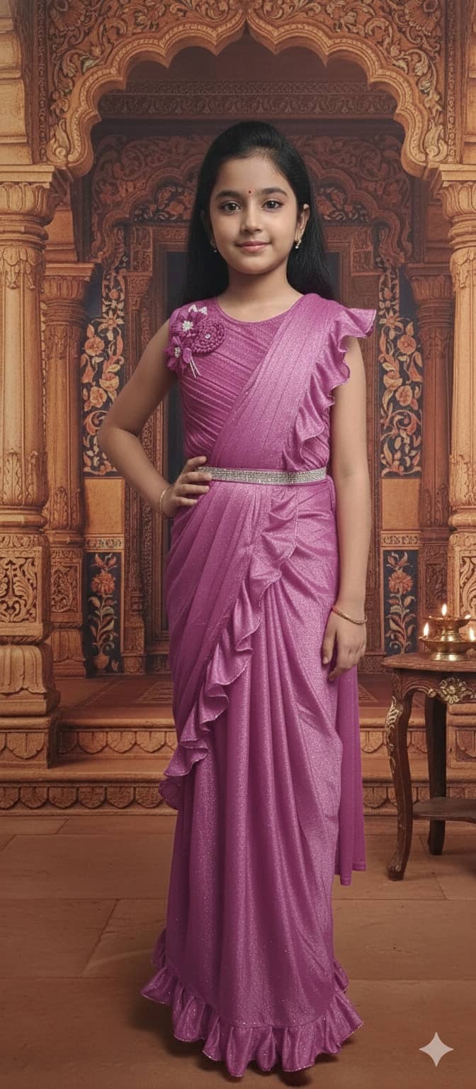 Aarika Net Ready To Wear Saree For Girls ( Pink , Pack of 1 )