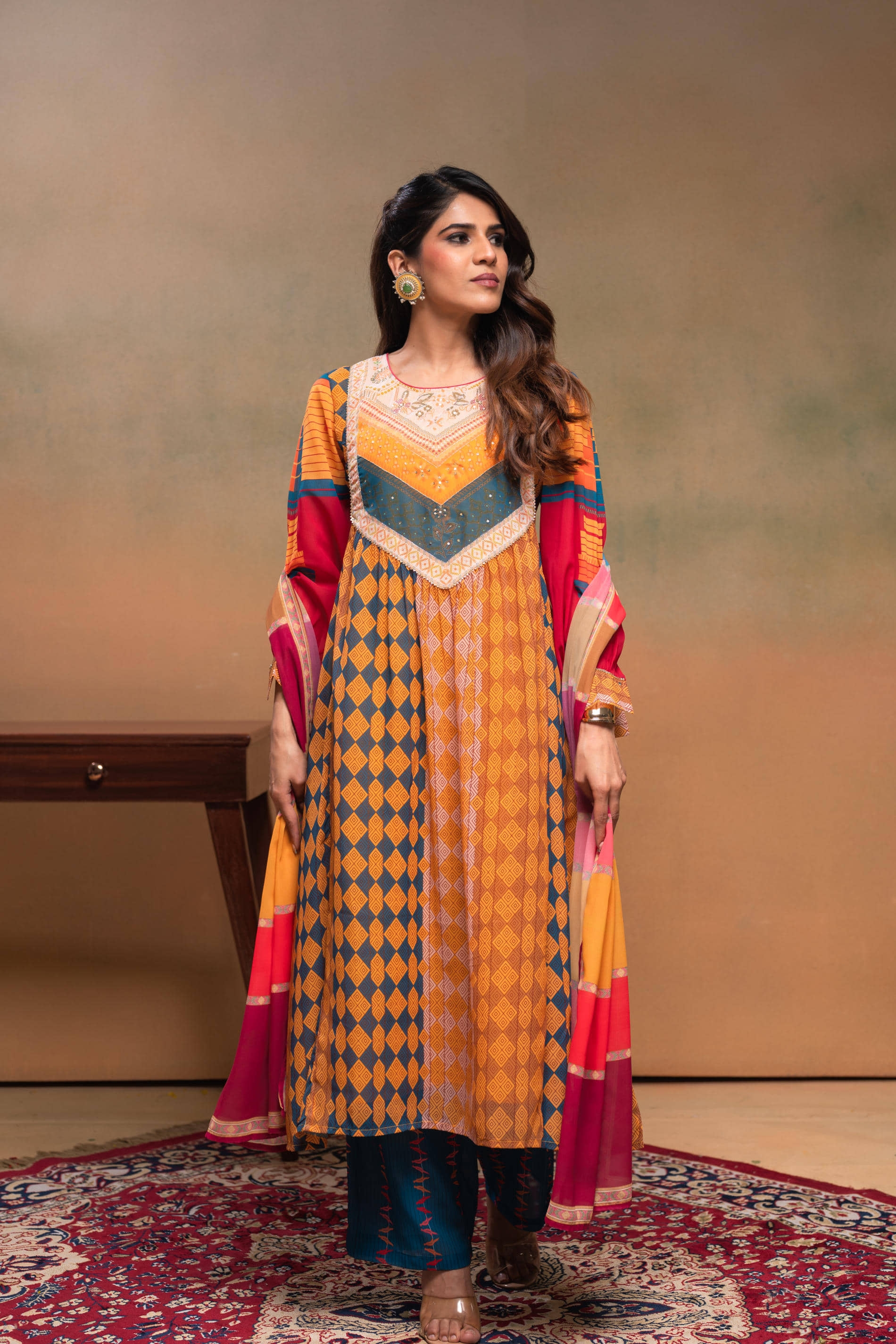 Juniper Women Polyester Embellished A-line Kurti With Pants ( Mustard )