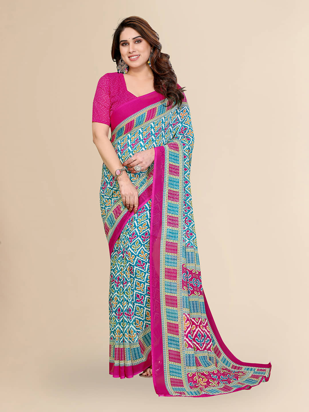 Kashvi Sarees Georgette Printed Kasavu Saree With Unstitched Blouse Piece ( BLUE ) - Sarees | Buy online on ZillyBuy