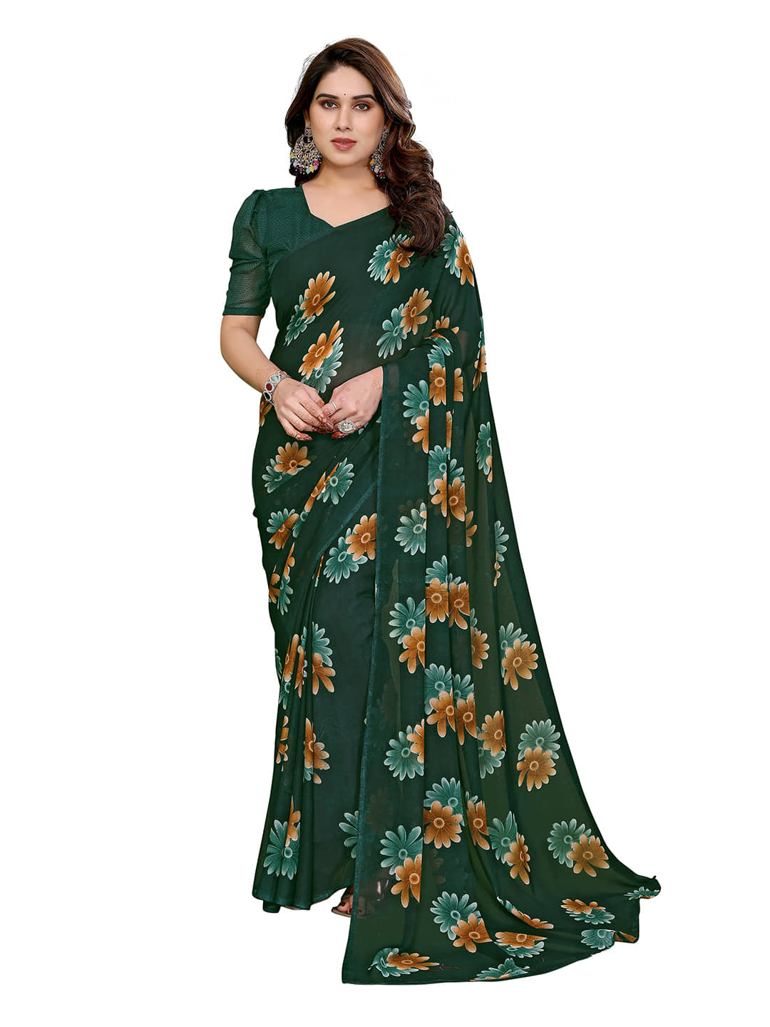 Kashvi Sarees Georgette Printed Kasavu Saree With Unstitched Blouse Piece ( GREEN ) - Sarees | Buy online on ZillyBuy
