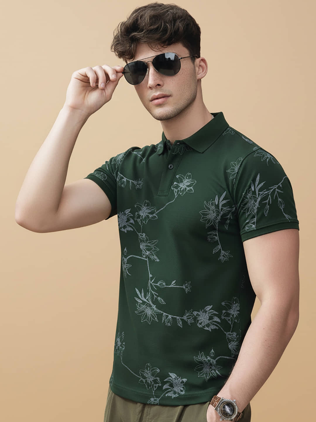 OGEN Men Cotton Blend Regular Fit Printed Polo T Shirt ( Dark Green )