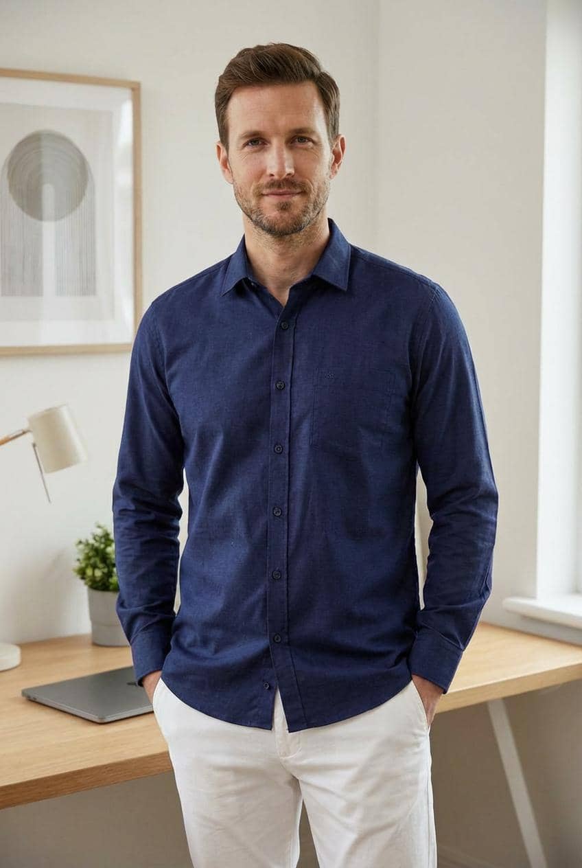ANAND. Cotton Blend Regular Fit Solids Full Sleeves Men's Casual Shirt - Navy Blue ( Pack of 1 )