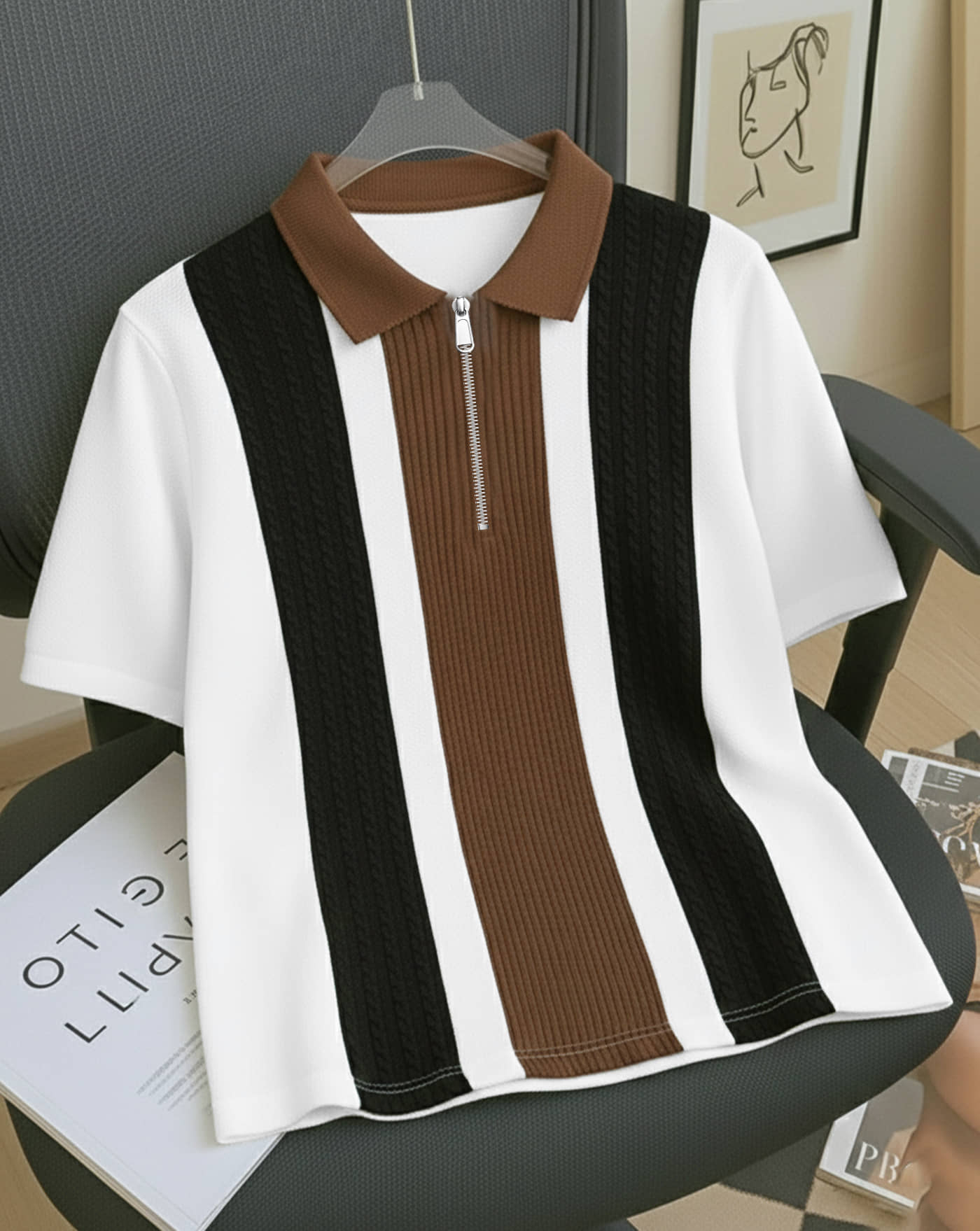 AUSK Men Cotton Blend Regular Fit Striped Polo T Shirt ( Coffee )