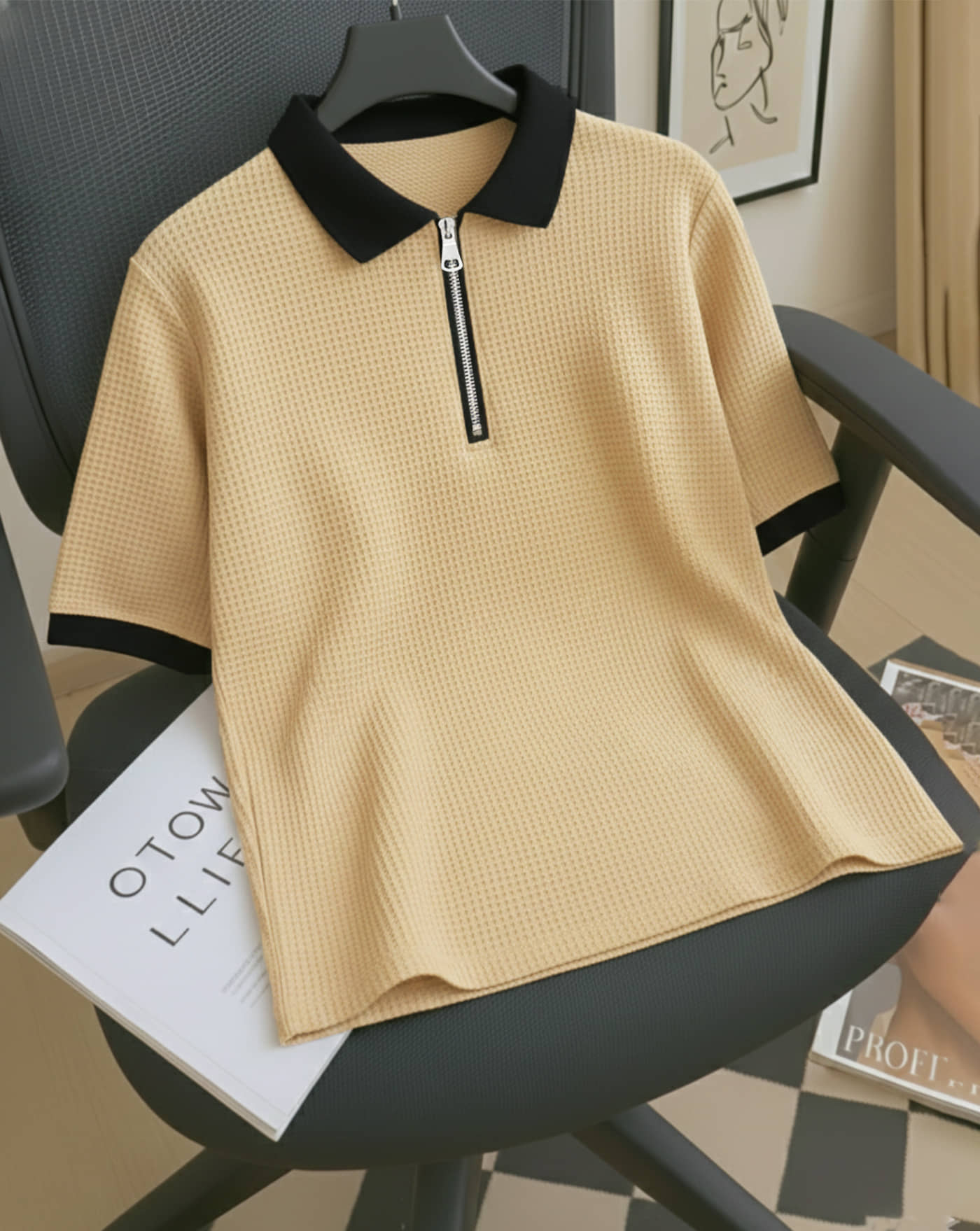 AUSK Men Cotton Blend Regular Fit Striped Polo T Shirt ( Beige )
