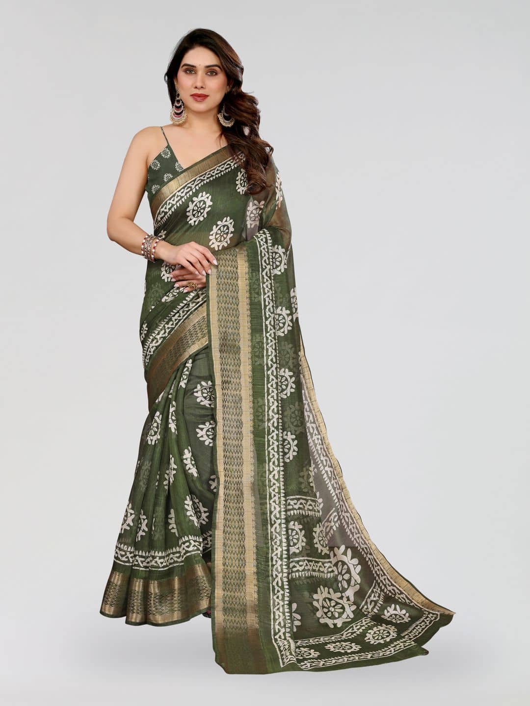HEMA SILK MILLS Cotton Blend Printed Regular Saree With Unstitched Blouse Piece ( Green ) - Sarees | Buy online on ZillyBuy