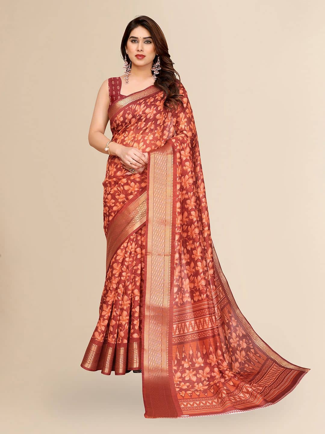 HEMA SILK MILLS Cotton Blend Printed Regular Saree With Unstitched Blouse Piece ( Orange )