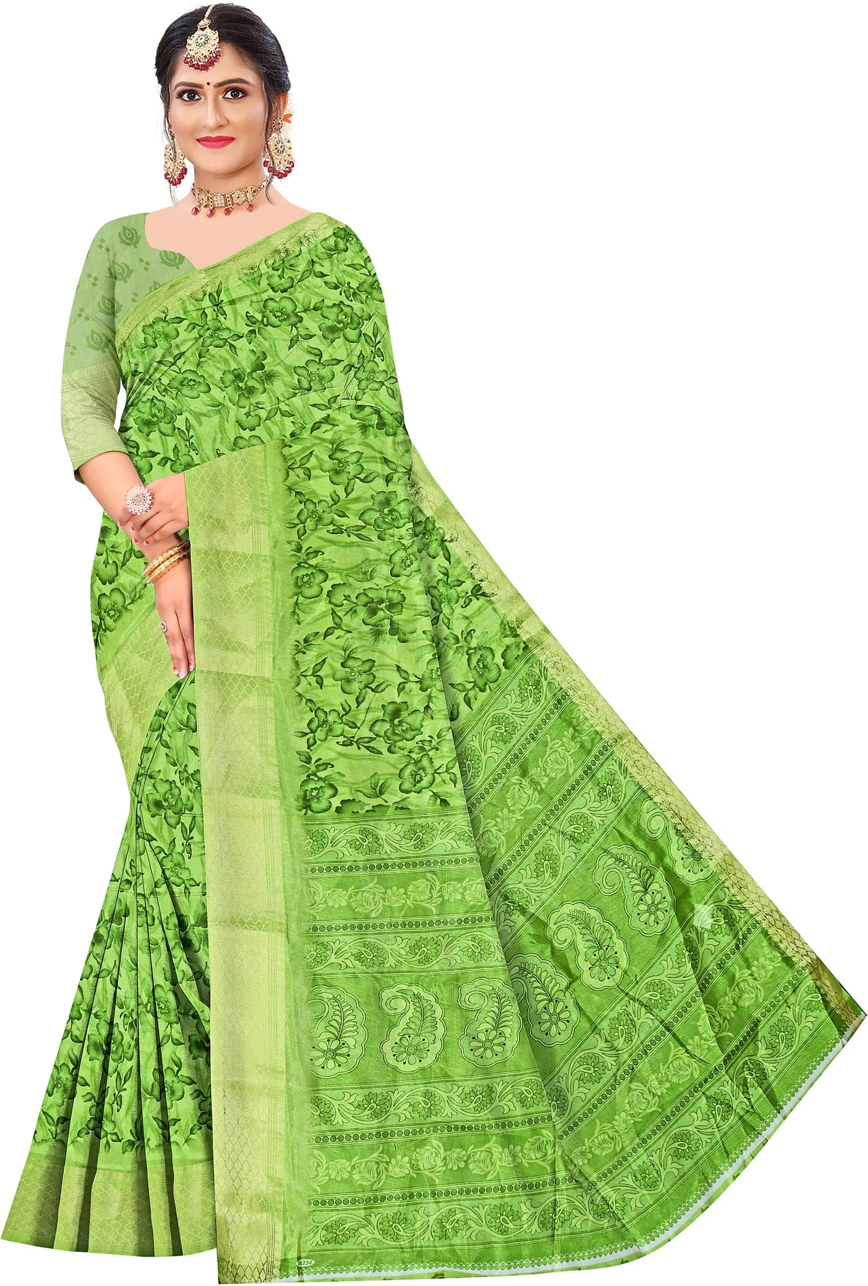 HEMA SILK MILLS Cotton Blend Printed Regular Saree With Unstitched Blouse Piece ( Green ) - Sarees | Buy online on ZillyBuy