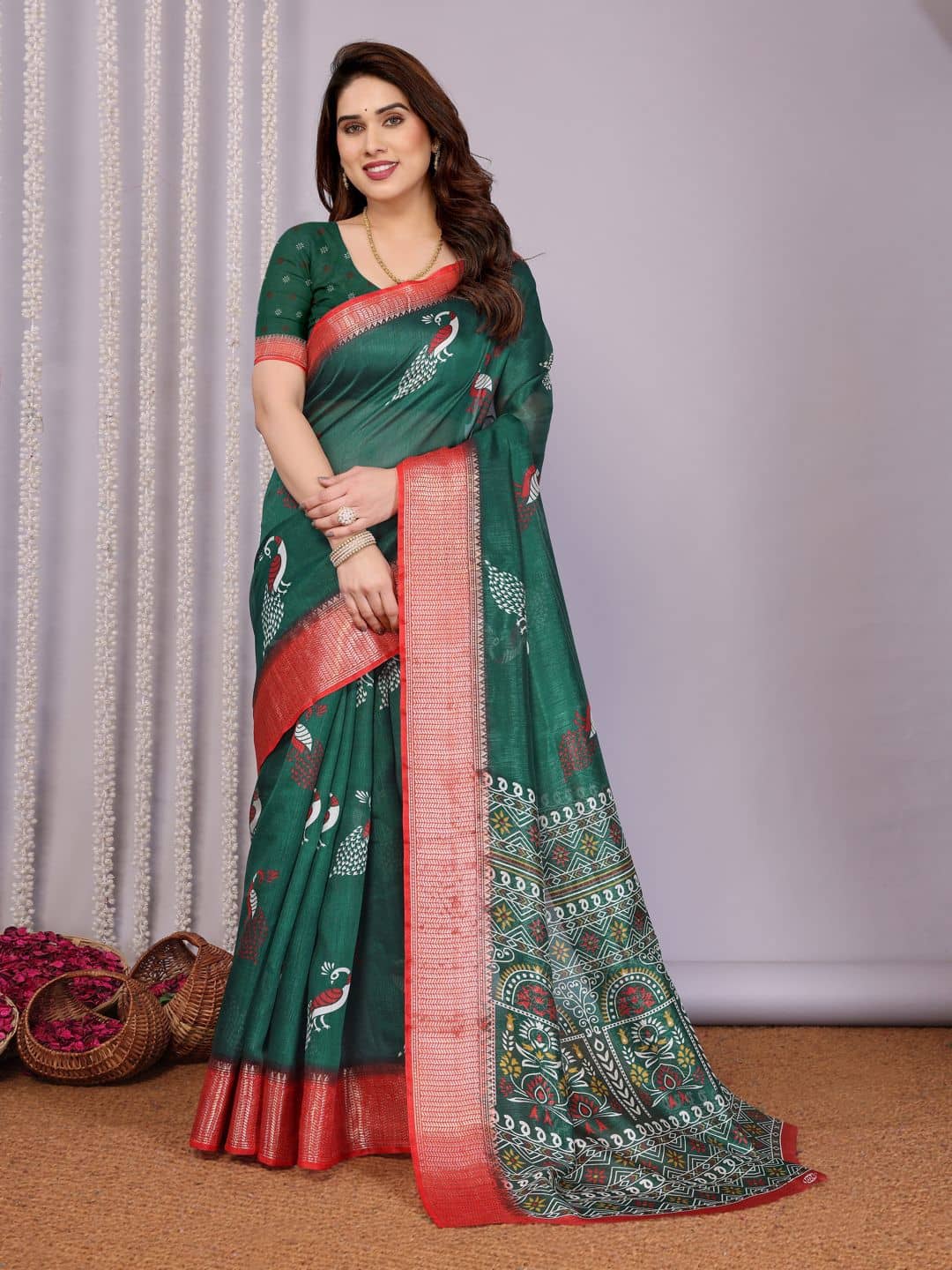 HEMA SILK MILLS Cotton Blend Printed Regular Saree With Unstitched Blouse Piece ( Green ) - Sarees | Buy online on ZillyBuy
