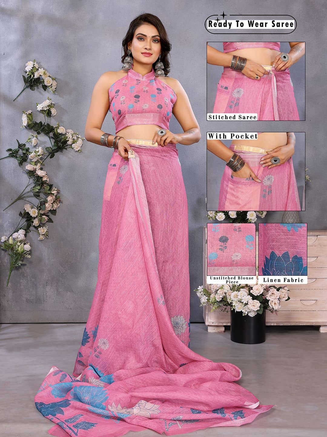 HEMA SILK MILLS Linen Embellished Regular Saree With Unstitched Blouse Piece ( Pink ) - Sarees | Buy online on ZillyBuy