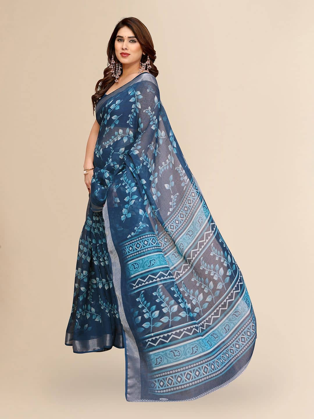 HEMA SILK MILLS Linen Printed Regular Saree With Unstitched Blouse Piece ( Rama ) - Sarees | Buy online on ZillyBuy