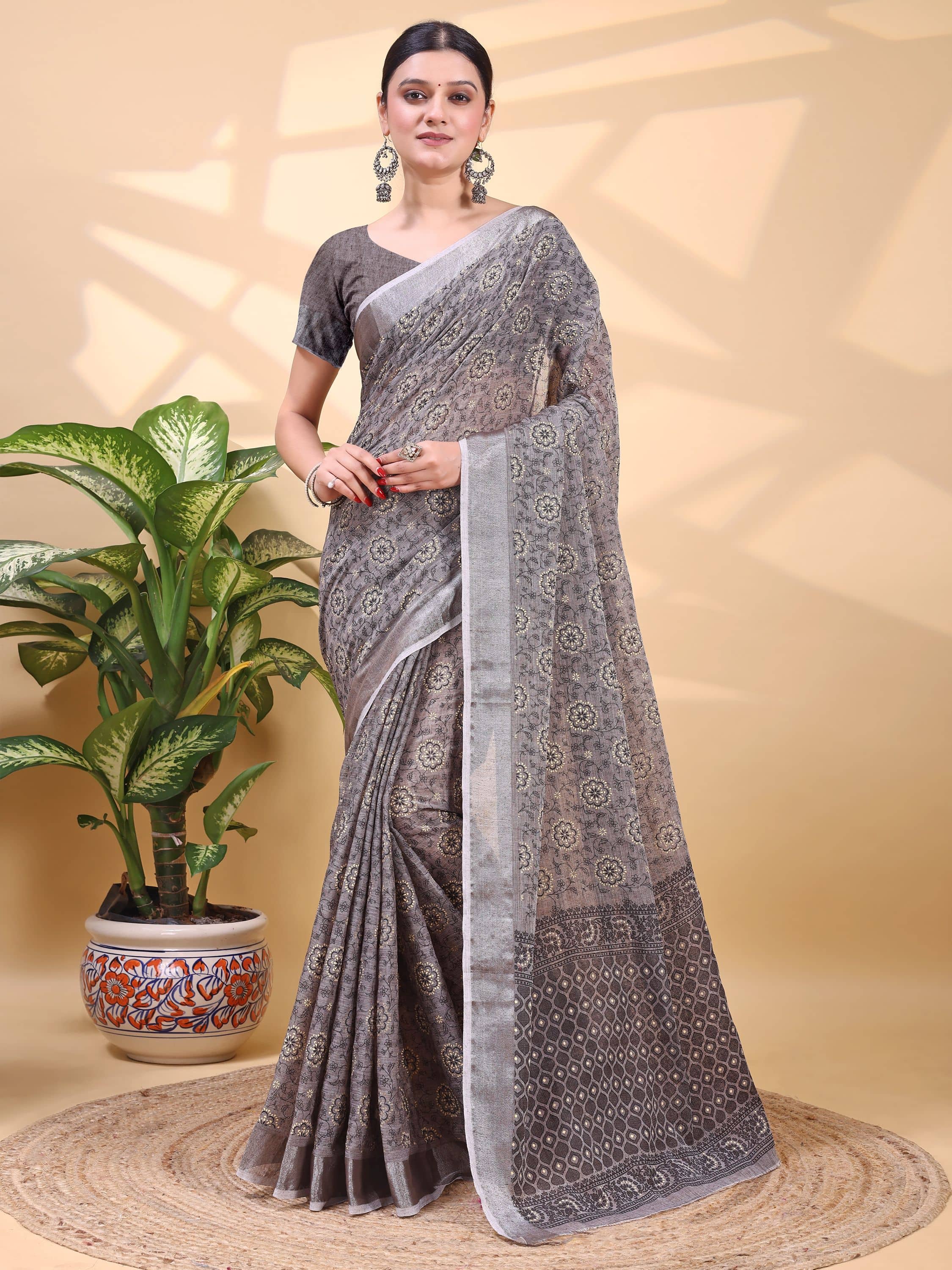 HEMA SILK MILLS Linen Printed Regular Saree With Unstitched Blouse Piece ( Coffee Brown ) - Sarees | Buy online on ZillyBuy