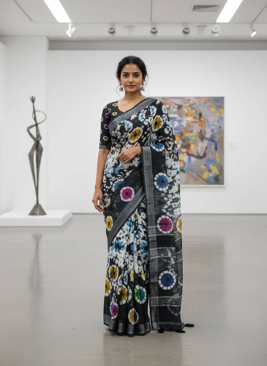 HEMA SILK MILLS Linen Printed Regular Saree With Unstitched Blouse Piece ( Black ) - Sarees | Buy online on ZillyBuy