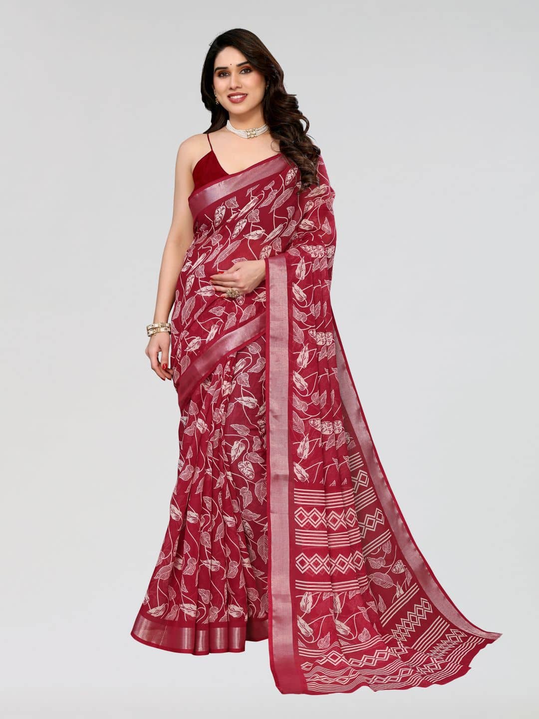 HEMA SILK MILLS Linen Printed Regular Saree With Unstitched Blouse Piece ( Maroon ) - Sarees | Buy online on ZillyBuy