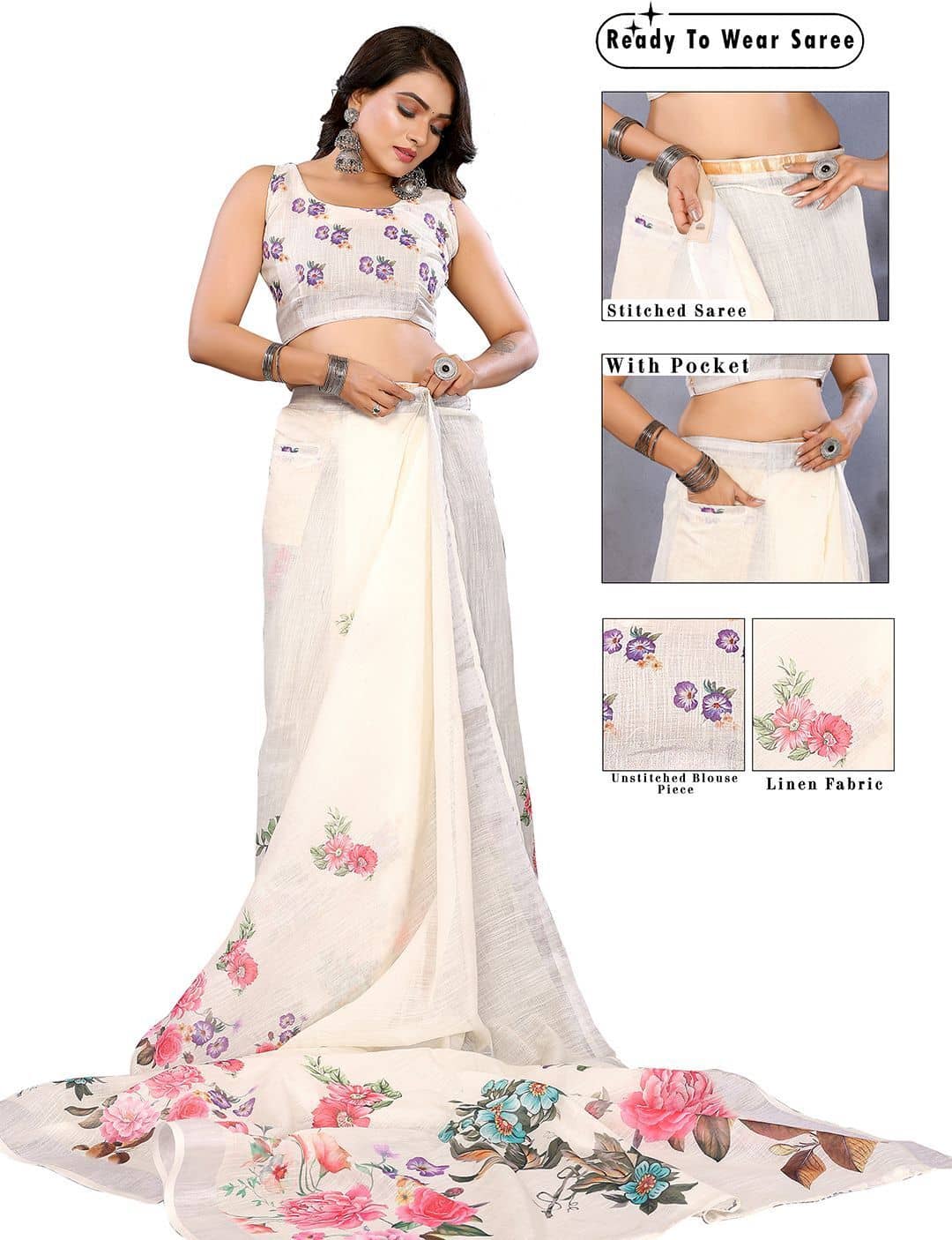 HEMA SILK MILLS Linen Printed Regular Saree With Unstitched Blouse Piece ( Multicolor ) - Sarees | Buy online on ZillyBuy