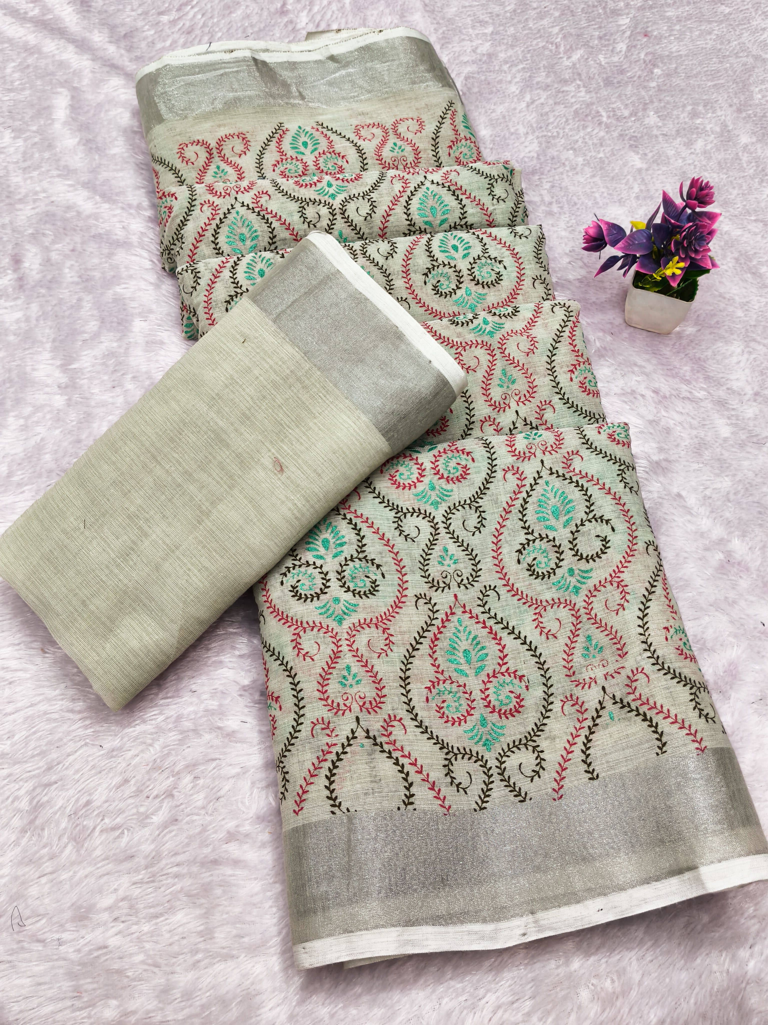 HEMA SILK MILLS Linen Printed Regular Saree With Unstitched Blouse Piece ( Multicolor ) - Sarees | Buy online on ZillyBuy