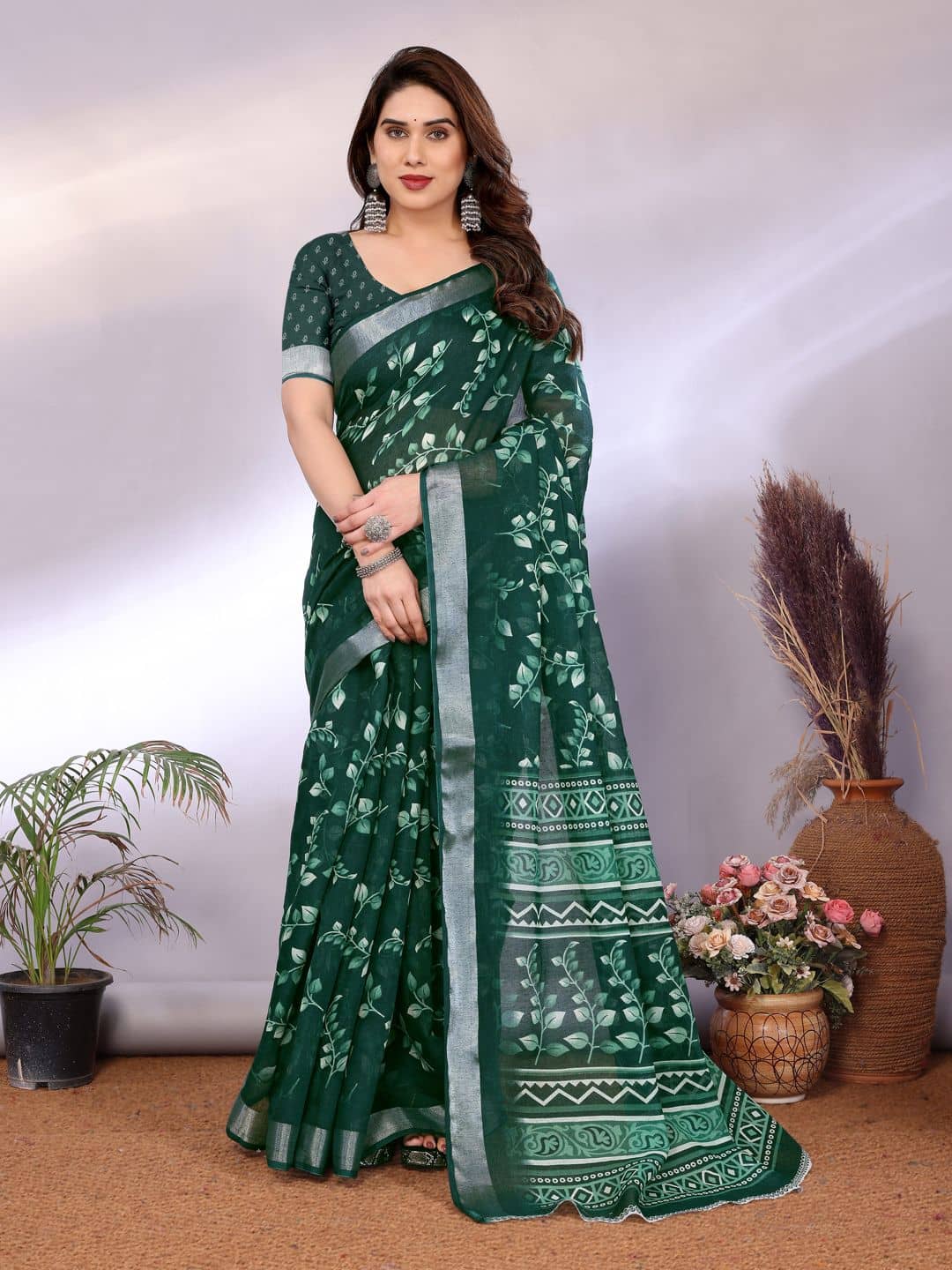 HEMA SILK MILLS Linen Printed Regular Saree With Unstitched Blouse Piece ( Green ) - Sarees | Buy online on ZillyBuy