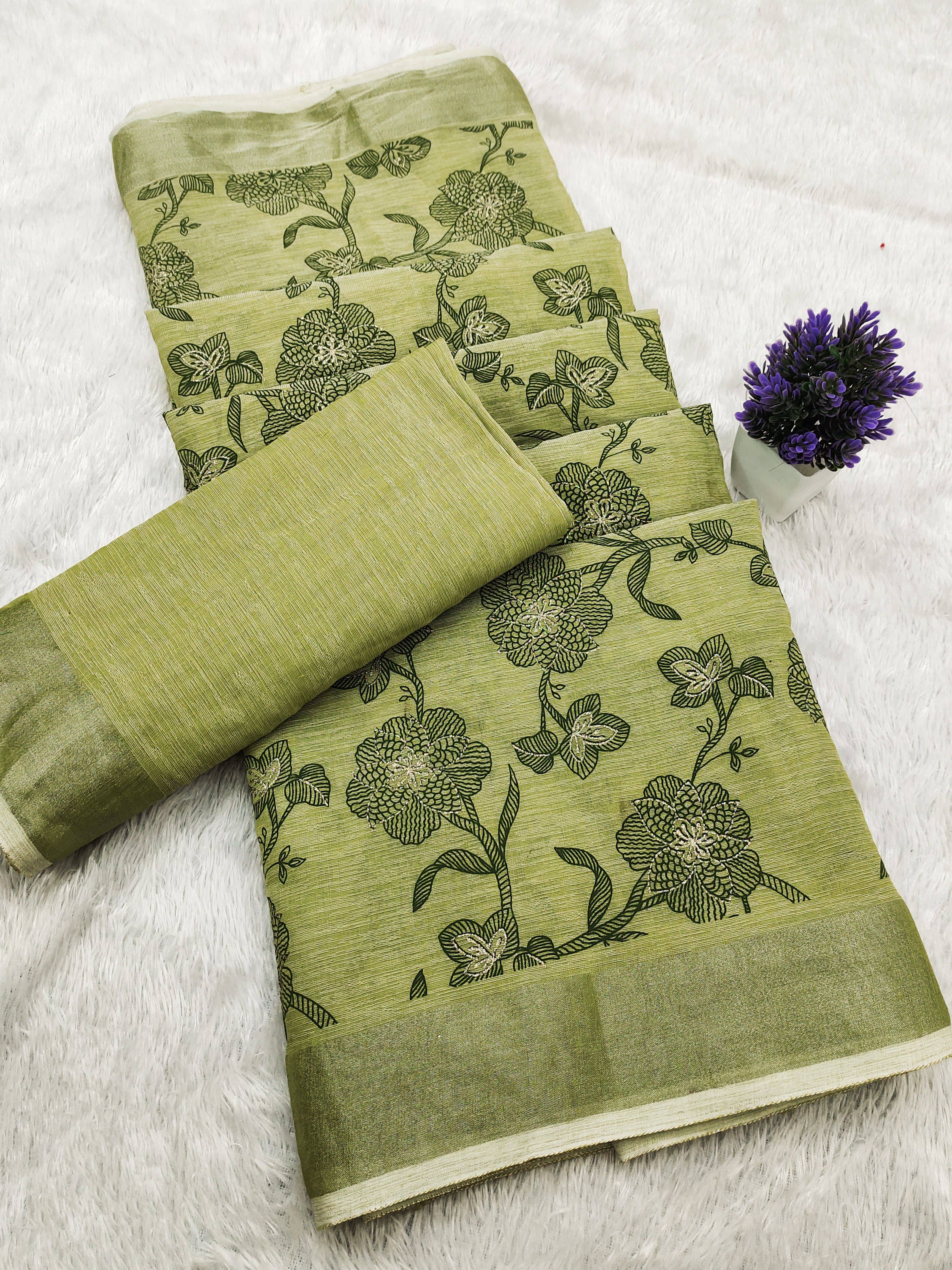 HEMA SILK MILLS Linen Printed Regular Saree With Unstitched Blouse Piece ( Light Green ) - Sarees | Buy online on ZillyBuy