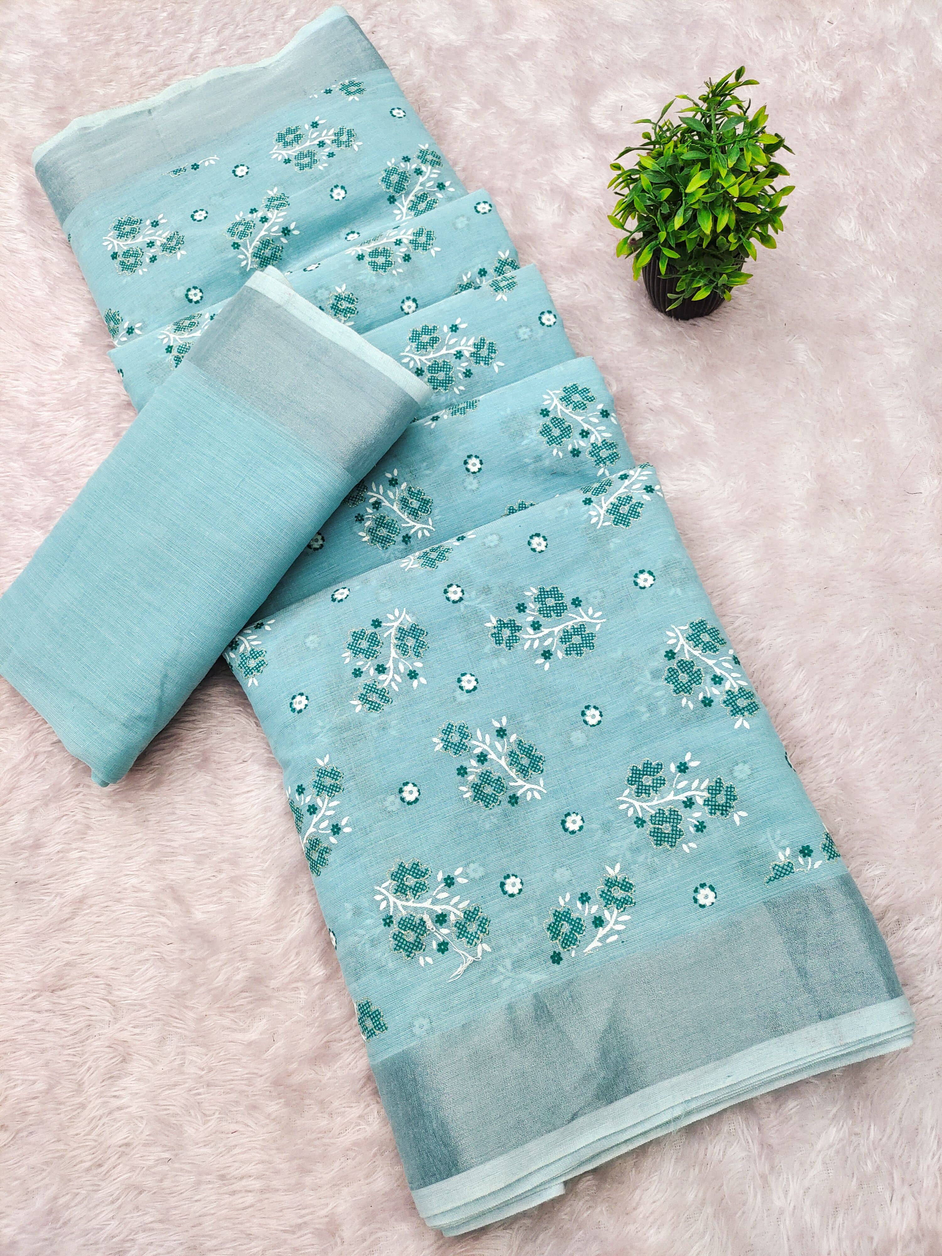 HEMA SILK MILLS Linen Printed Regular Saree With Unstitched Blouse Piece ( Multicolor ) - Sarees | Buy online on ZillyBuy
