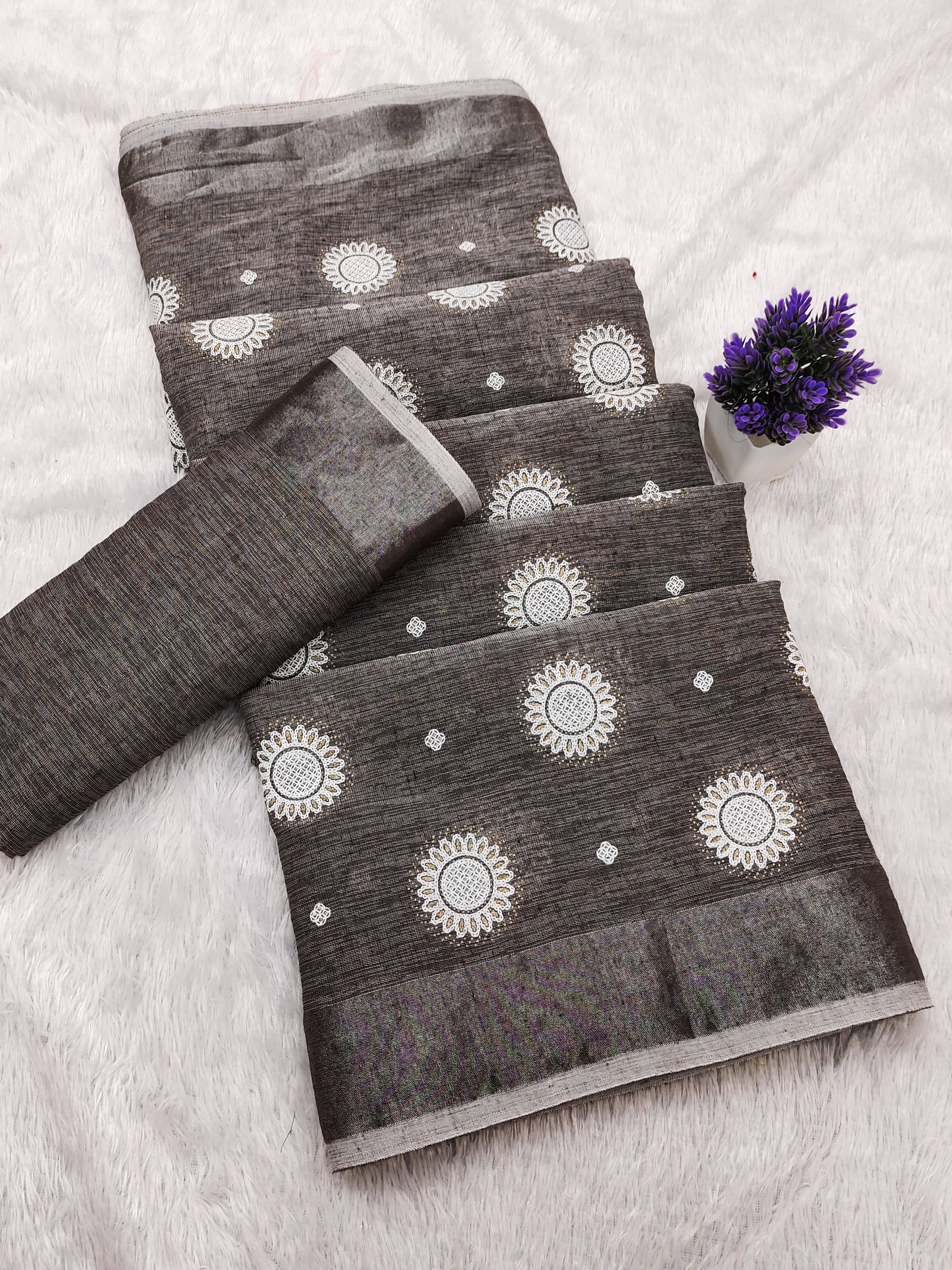 HEMA SILK MILLS Linen Printed Regular Saree With Unstitched Blouse Piece ( Grey ) - Sarees | Buy online on ZillyBuy
