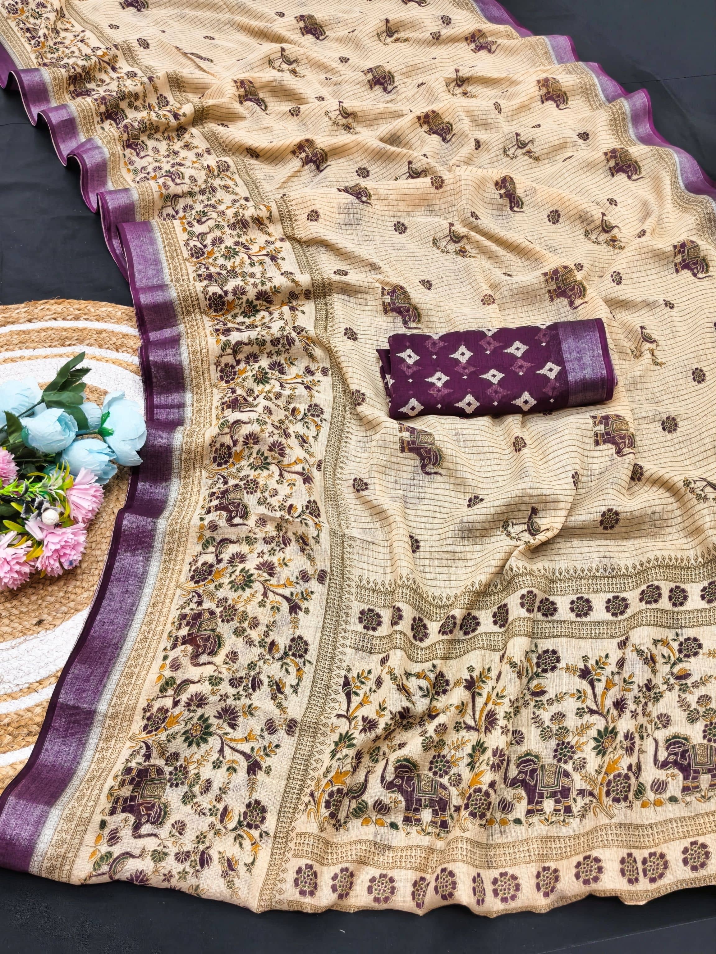 HEMA SILK MILLS Linen Printed Regular Saree With Unstitched Blouse Piece ( Wine )