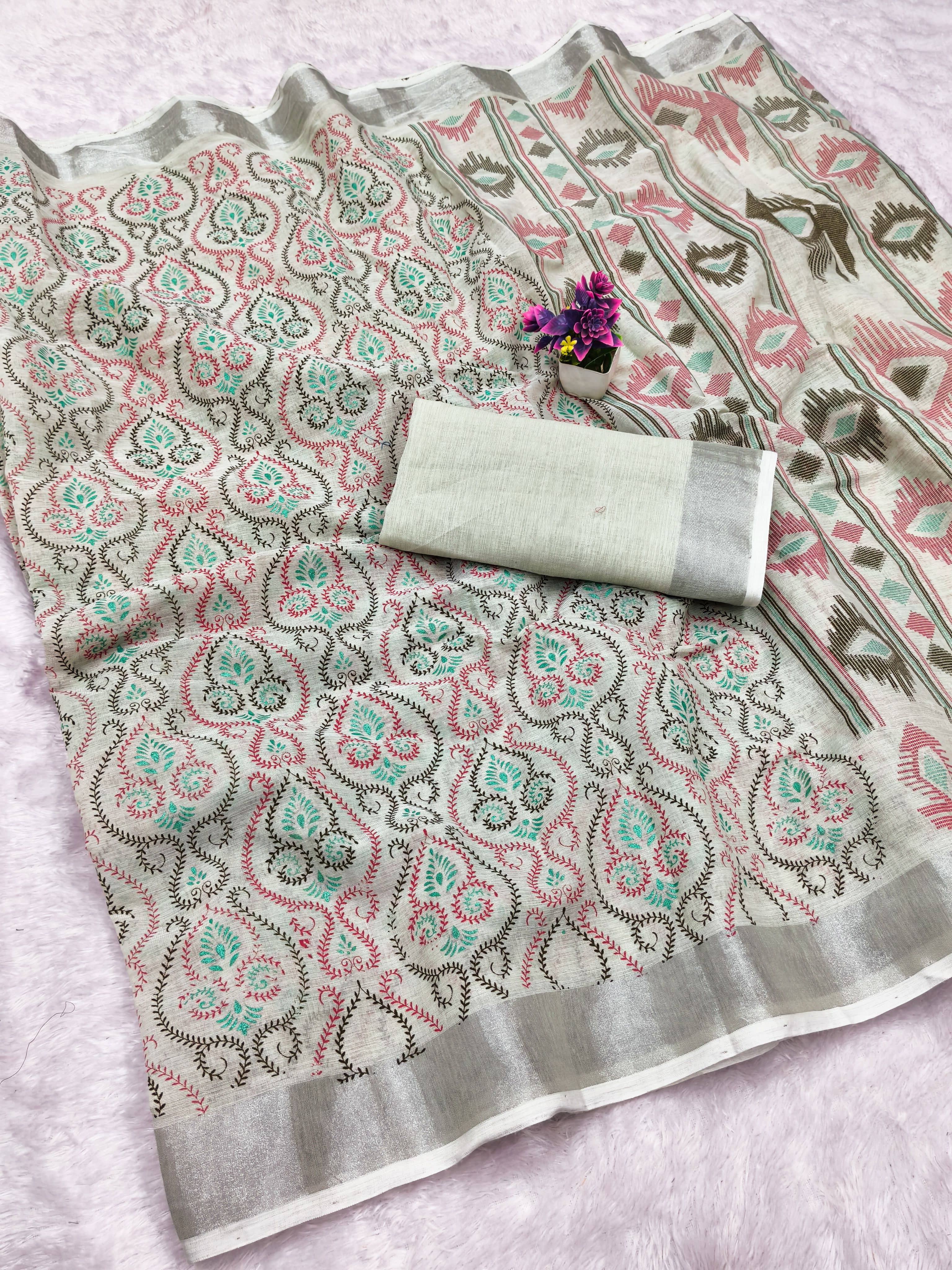 HEMA SILK MILLS Linen Printed Regular Saree With Unstitched Blouse Piece ( Multicolor ) - Sarees | Buy online on ZillyBuy