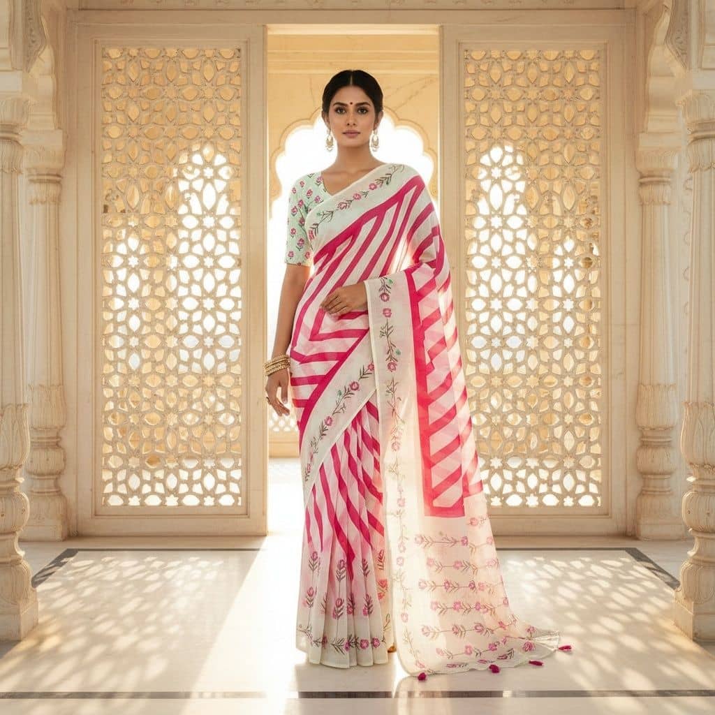 HEMA SILK MILLS Linen Printed Regular Saree With Unstitched Blouse Piece ( Multicolor ) - Sarees | Buy online on ZillyBuy