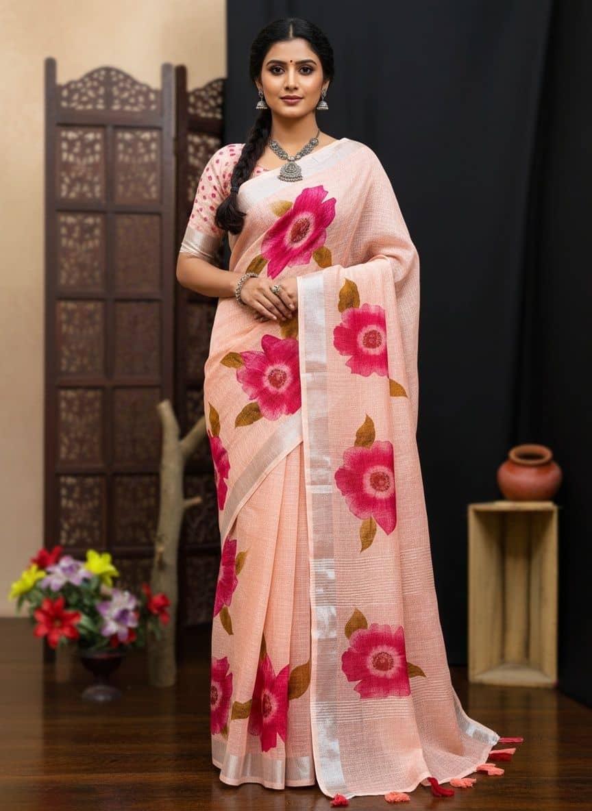 HEMA SILK MILLS Linen Printed Regular Saree With Unstitched Blouse Piece ( Pink ) - Sarees | Buy online on ZillyBuy