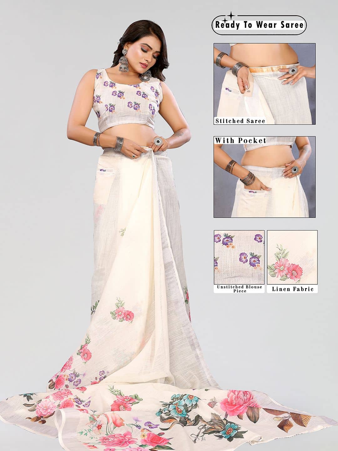 HEMA SILK MILLS Linen Printed Regular Saree With Unstitched Blouse Piece ( Multicolor ) - Sarees | Buy online on ZillyBuy