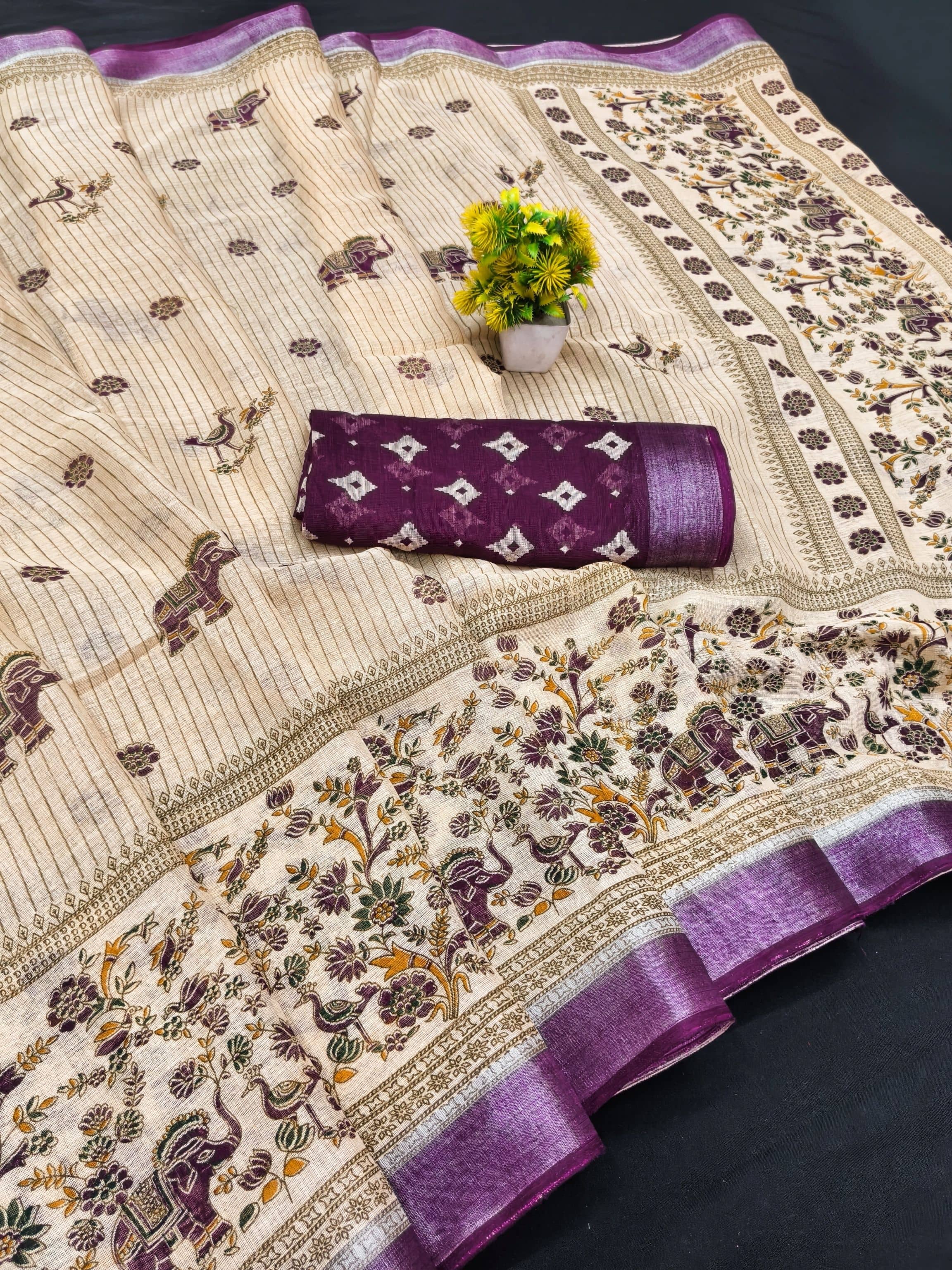 HEMA SILK MILLS Linen Printed Regular Saree With Unstitched Blouse Piece ( Light Blue )