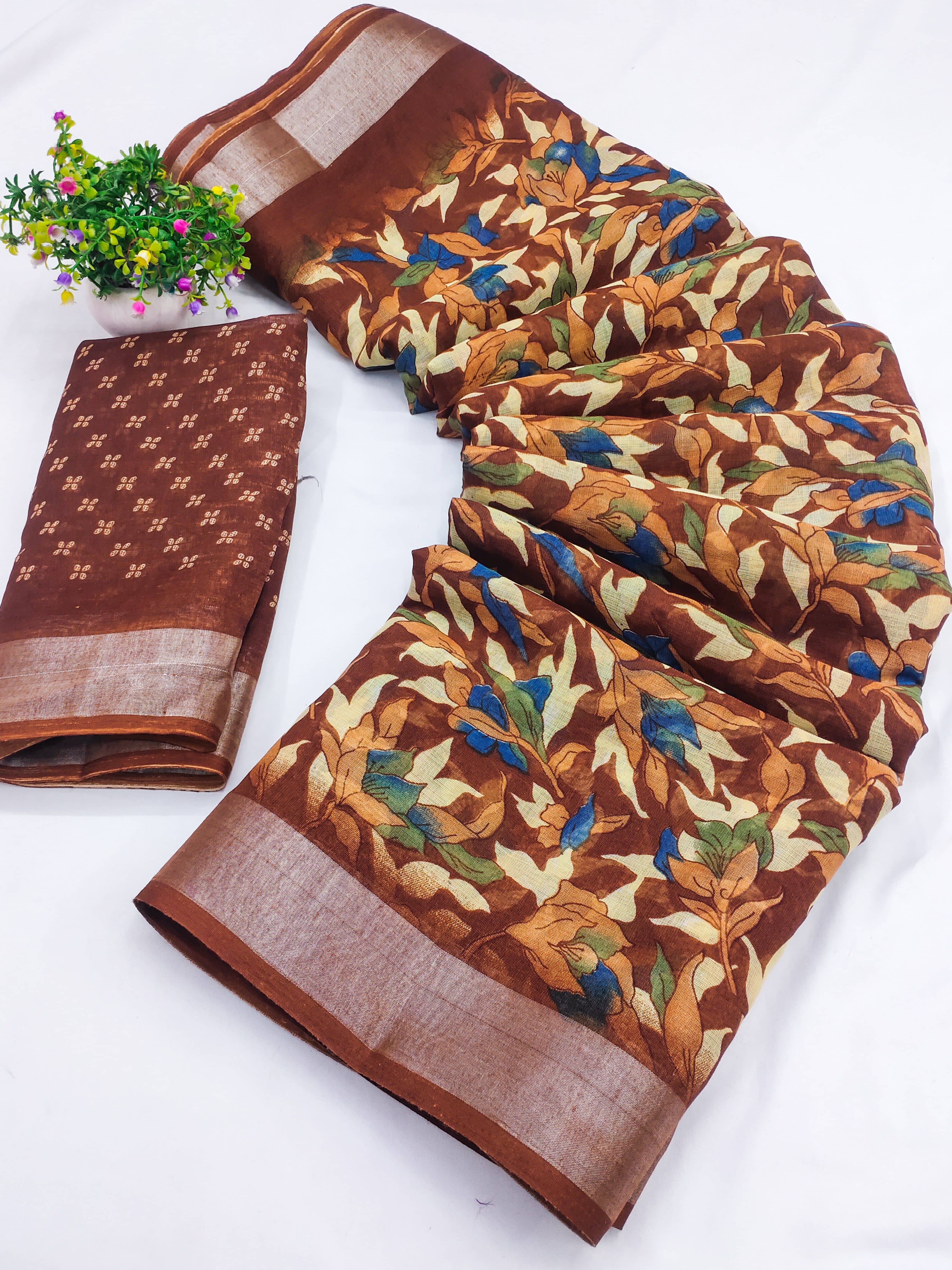 HEMA SILK MILLS Linen Printed Regular Saree With Unstitched Blouse Piece ( Blue ) - Sarees | Buy online on ZillyBuy