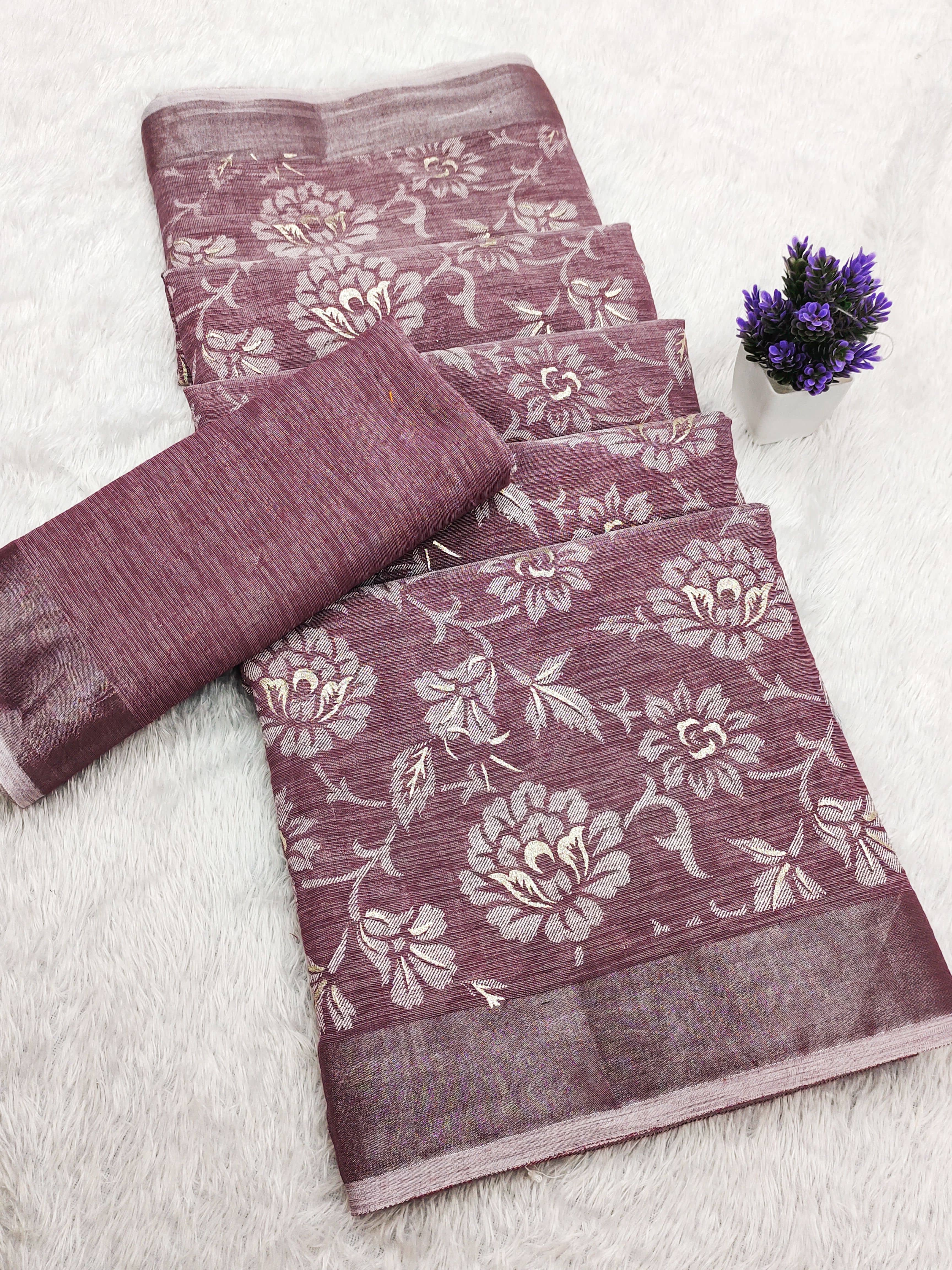 HEMA SILK MILLS Linen Printed Regular Saree With Unstitched Blouse Piece ( Pink ) - Sarees | Buy online on ZillyBuy