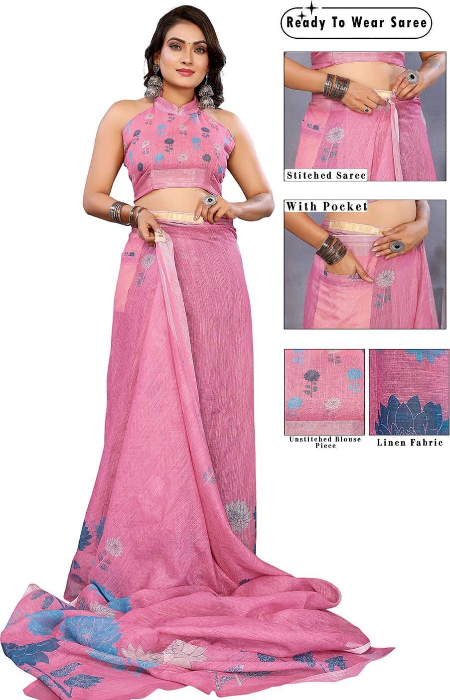 HEMA SILK MILLS Linen Printed Regular Saree With Unstitched Blouse Piece ( Pink ) - Sarees | Buy online on ZillyBuy