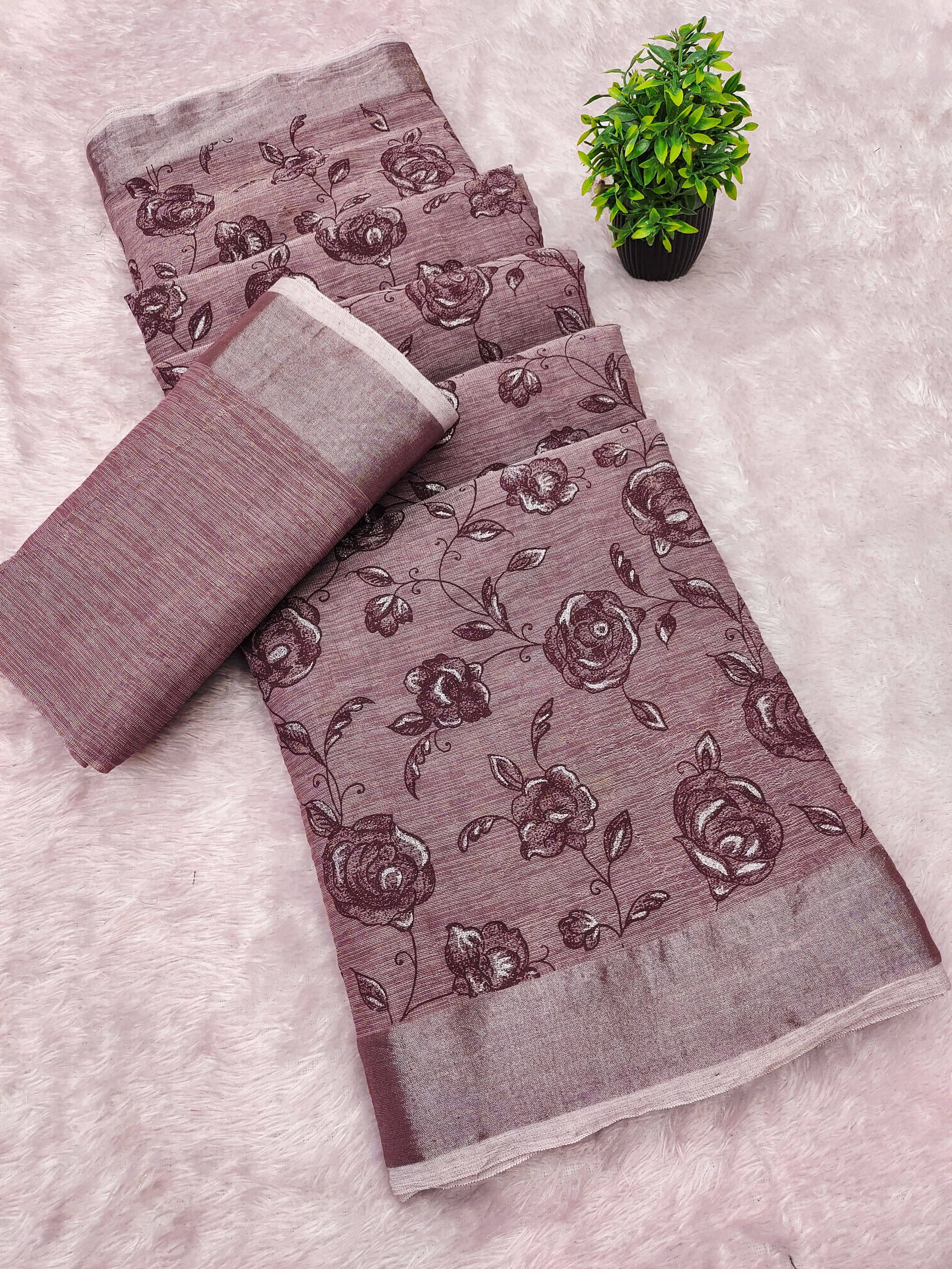 HEMA SILK MILLS Linen Printed Regular Saree With Unstitched Blouse Piece ( Wine ) - Sarees | Buy online on ZillyBuy