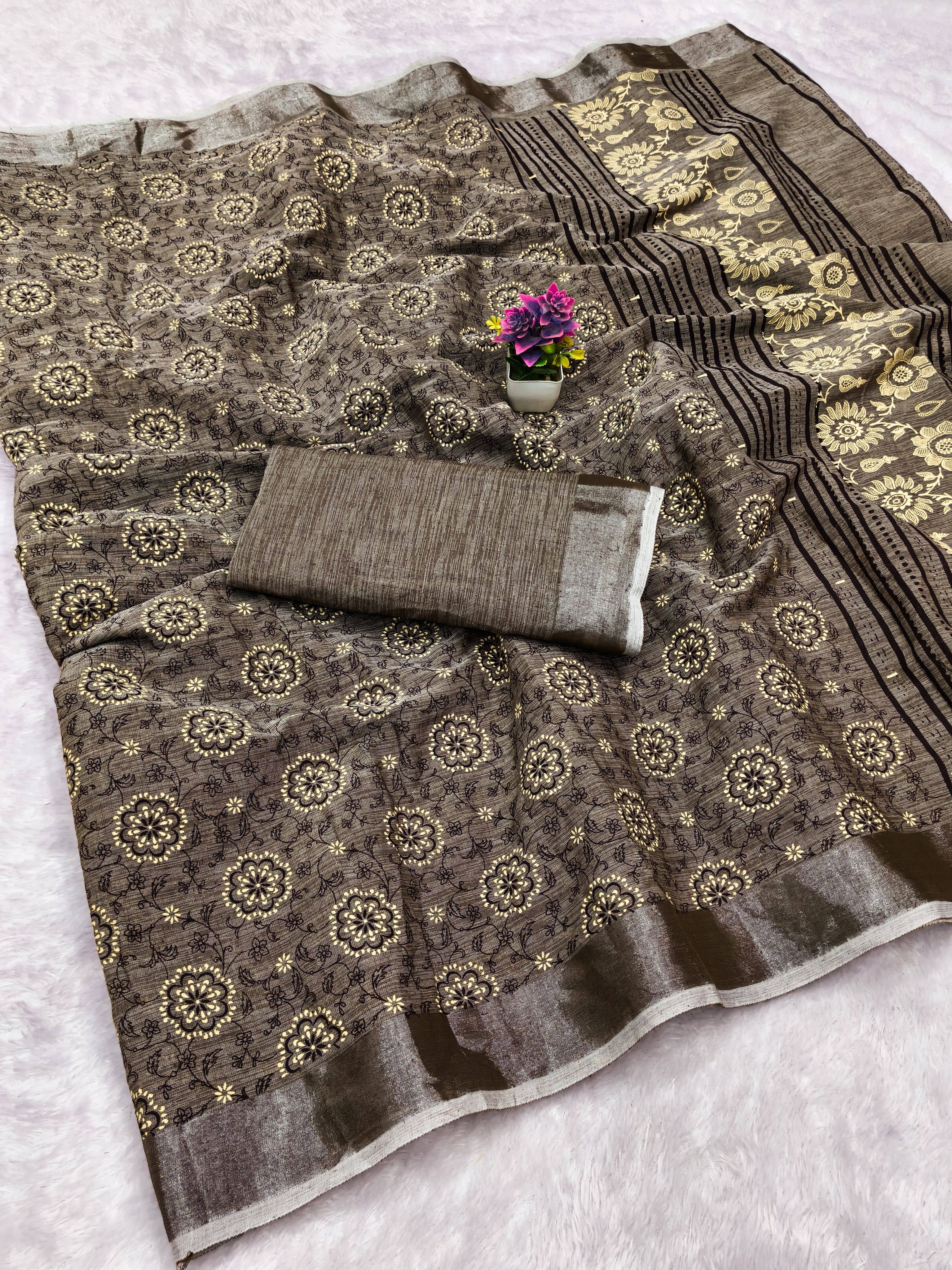 HEMA SILK MILLS Linen Printed Regular Saree With Unstitched Blouse Piece ( Coffee Brown ) - Sarees | Buy online on ZillyBuy
