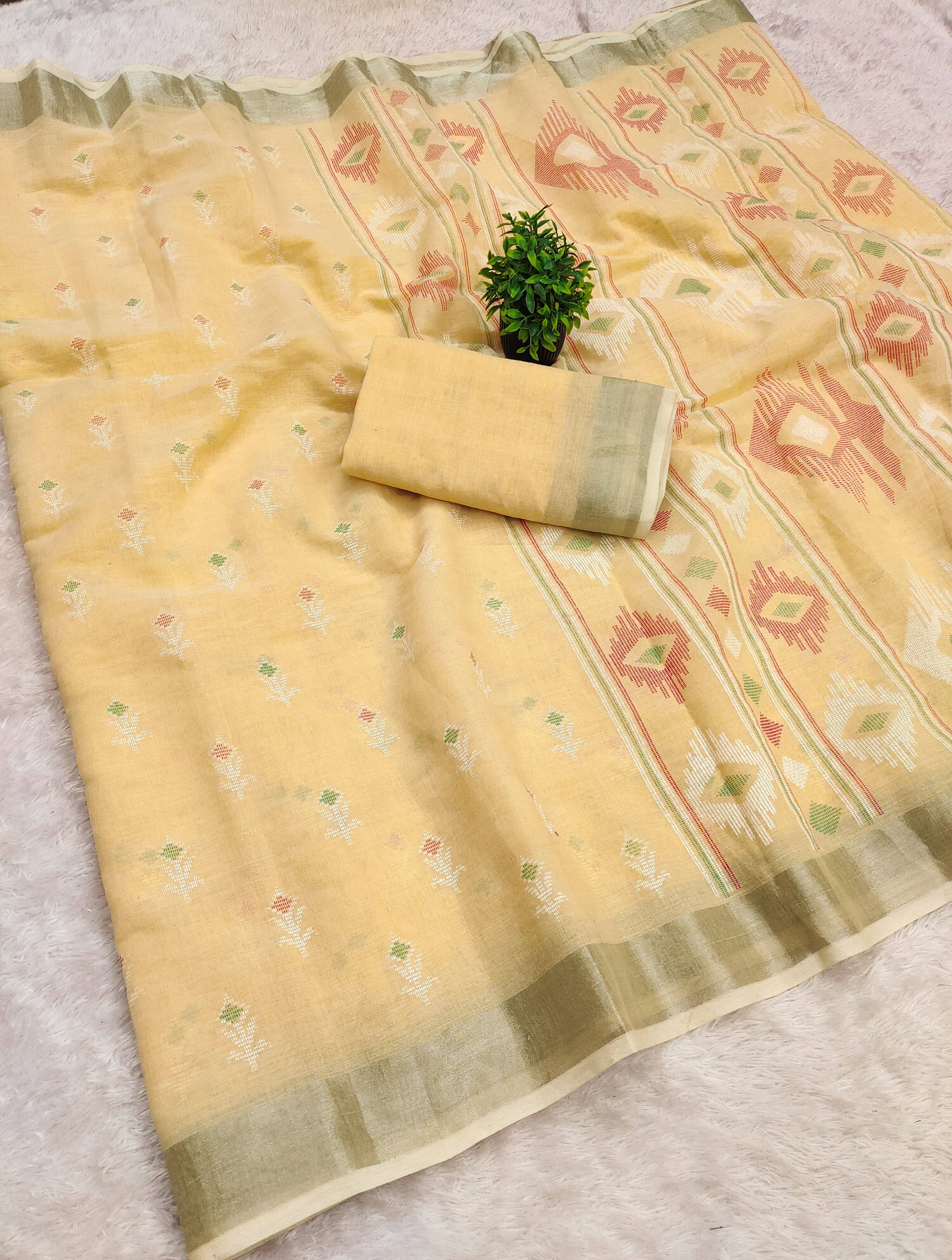HEMA SILK MILLS Linen Printed Regular Saree With Unstitched Blouse Piece ( Multicolor ) - Sarees | Buy online on ZillyBuy