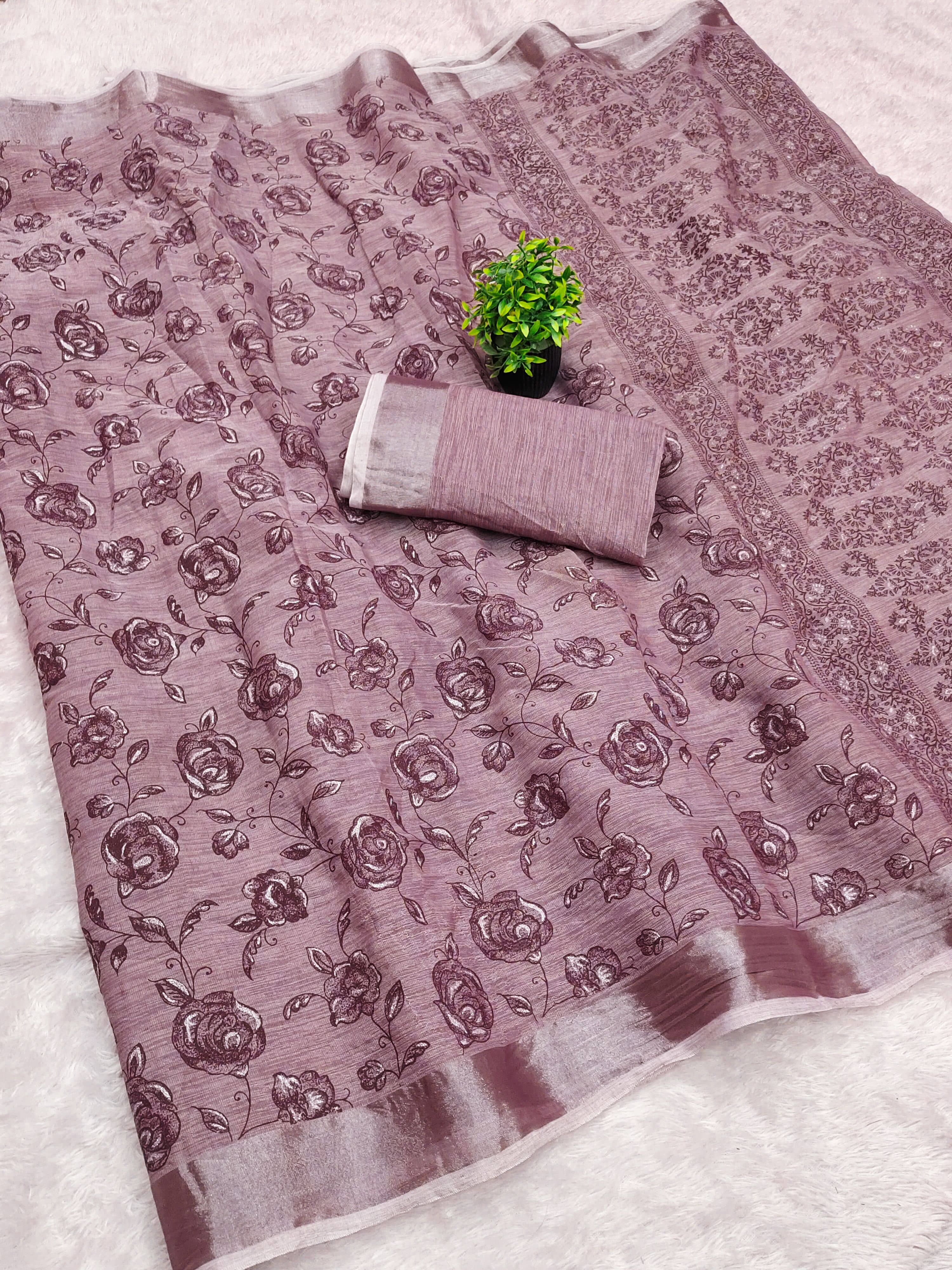 HEMA SILK MILLS Linen Printed Regular Saree With Unstitched Blouse Piece ( Wine ) - Sarees | Buy online on ZillyBuy