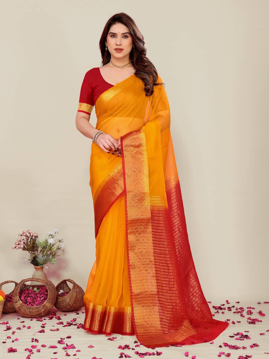 HEMA SILK MILLS Organza Embellished Regular Saree With Unstitched Blouse Piece ( Yellow ) - Sarees | Buy online on ZillyBuy