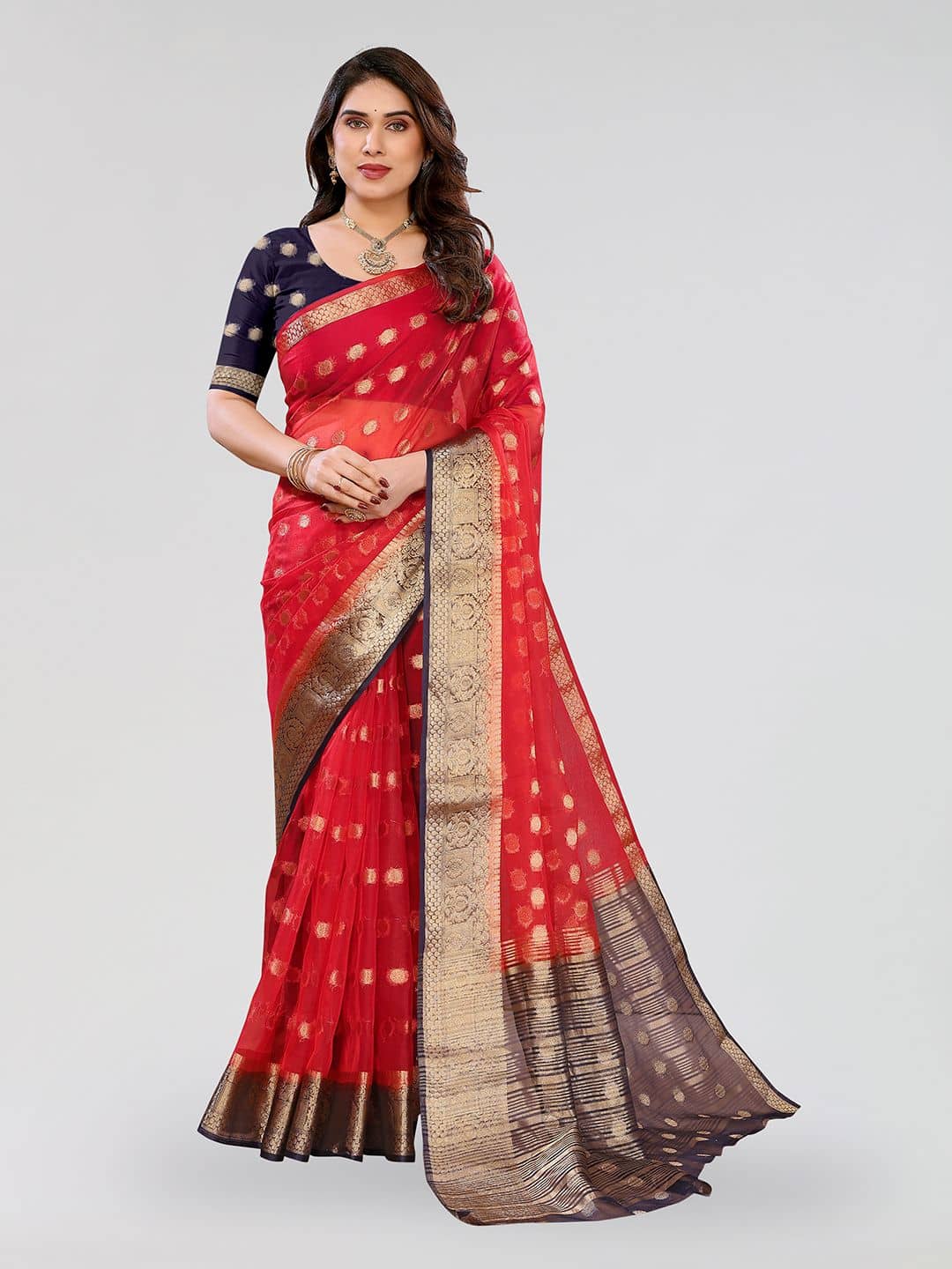 HEMA SILK MILLS Organza Embellished Regular Saree With Unstitched Blouse Piece ( Red )
