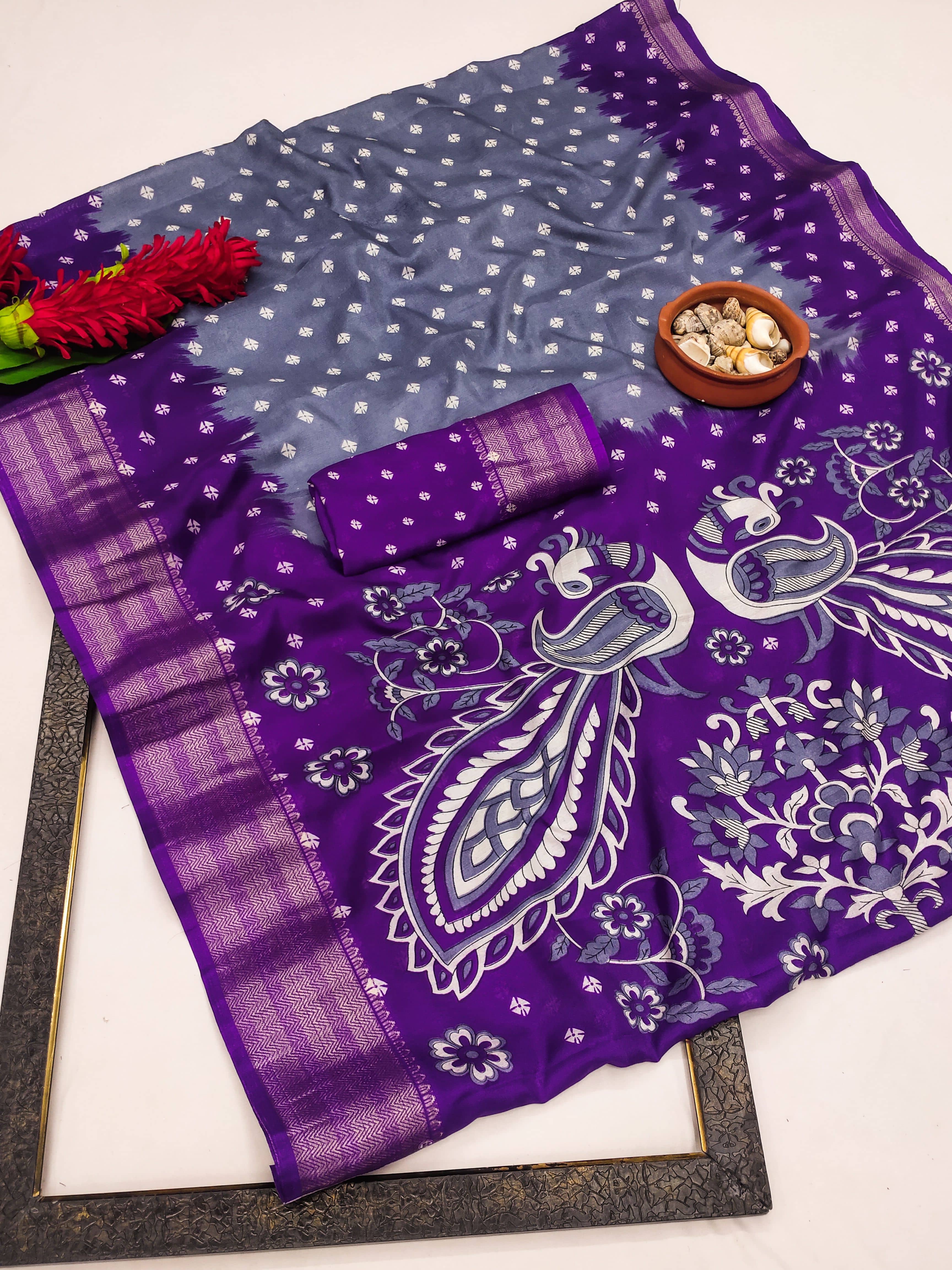 HEMA SILK MILLS Silk Blend Printed Regular Saree With Unstitched Blouse Piece ( Grey ) - Sarees | Buy online on ZillyBuy