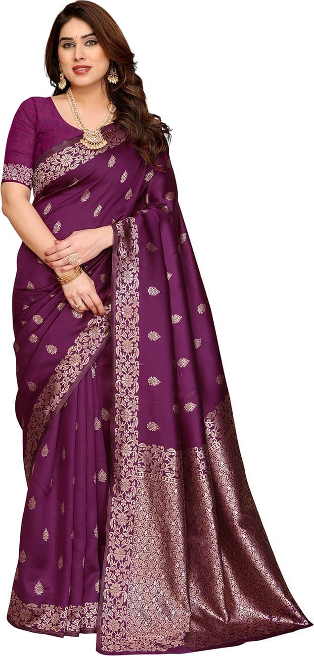 HEMA SILK MILLS Silk Blend Woven Regular Saree With Unstitched Blouse Piece ( Wine )