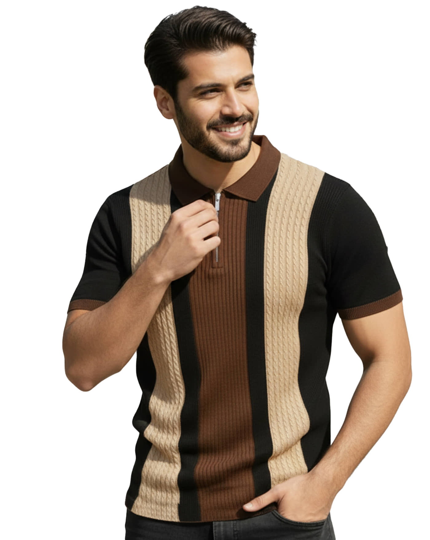AOOSH Men Cotton Blend Regular Fit Striped Polo T Shirt ( Beige )