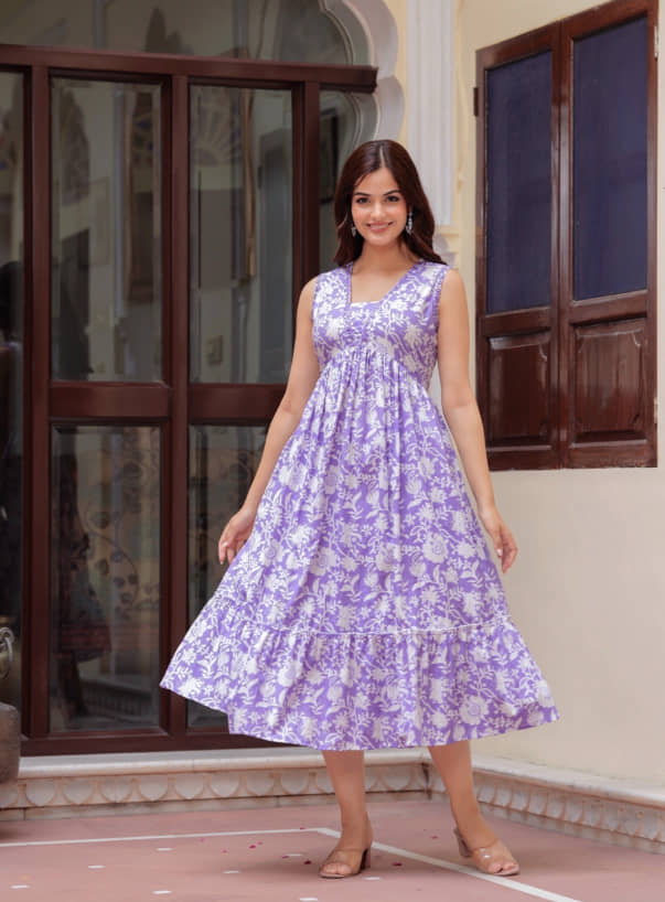 First Affair Women Viscose Rayon Printed Fit & Flare Dress ( Purple )