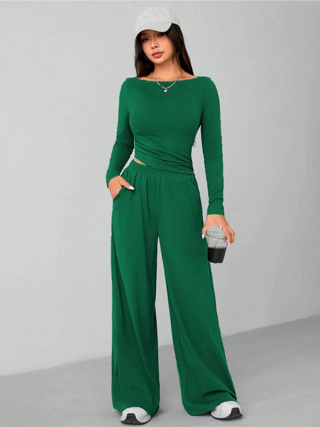 kotty Women Solid Top With Trousers Co-Ord Set ( Green )