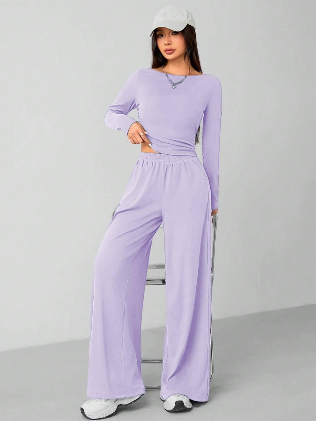 kotty Women Solid Blazer With Trousers Co-Ord Set ( Purple )