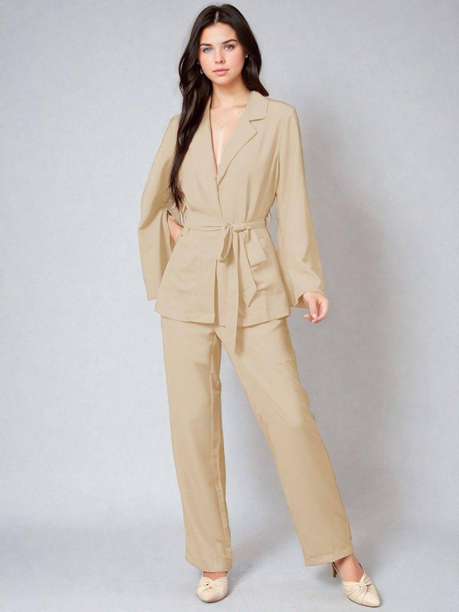 kotty Women Solid Top With Trousers Co-Ord Set ( Beige )