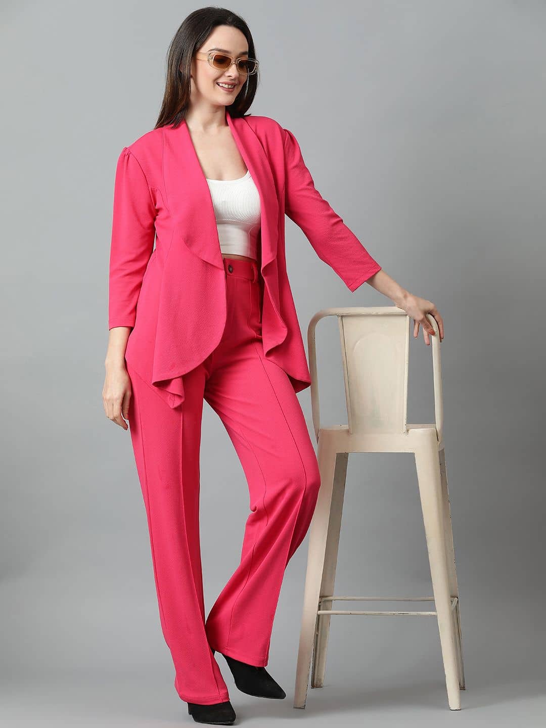 kotty Women Solid Blazer With Trousers Co-Ord Set ( Pink )