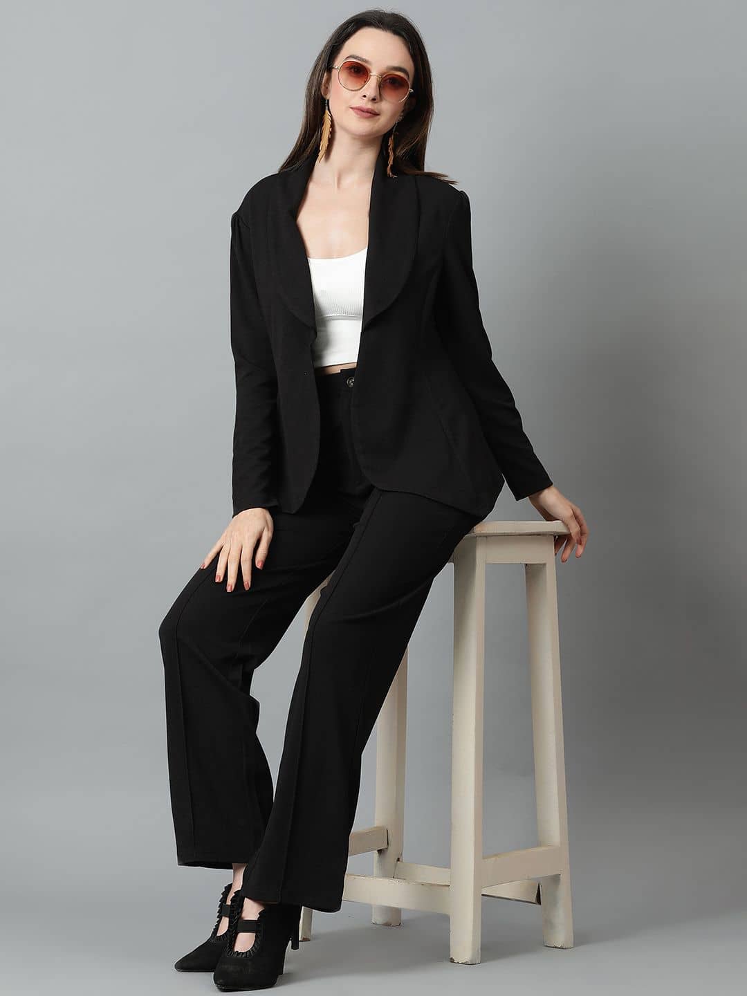 kotty Women Solid Blazer With Trousers Co-Ord Set ( Black )