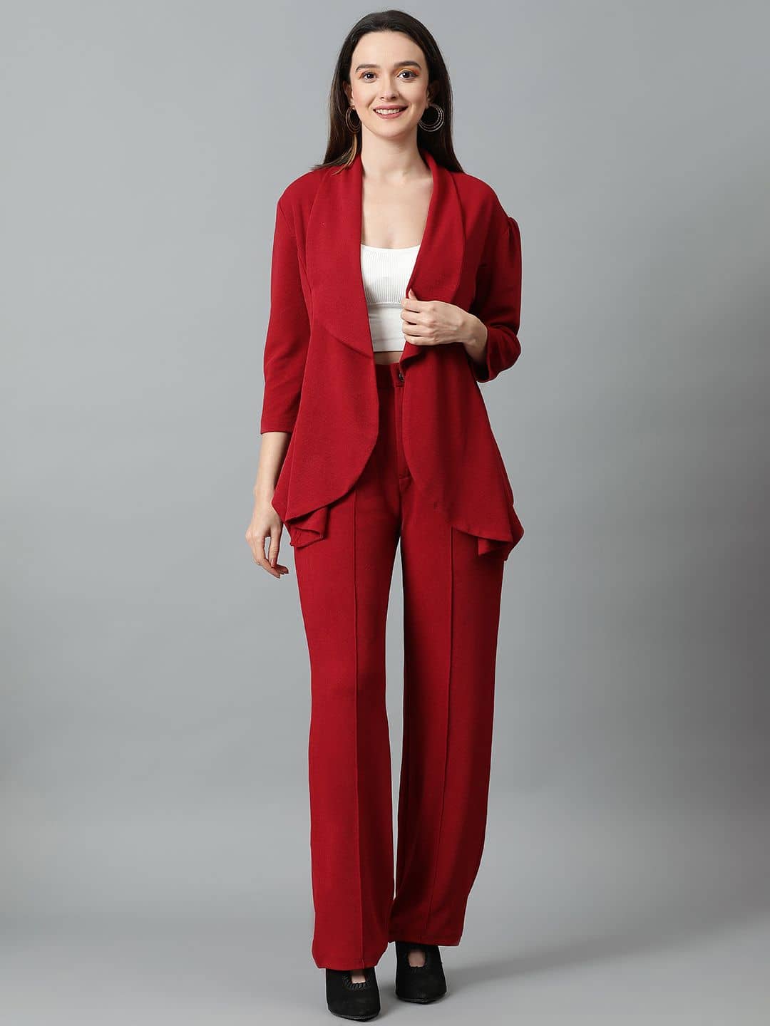 kotty Women Solid Blazer With Trousers Co-Ord Set ( Maroon )