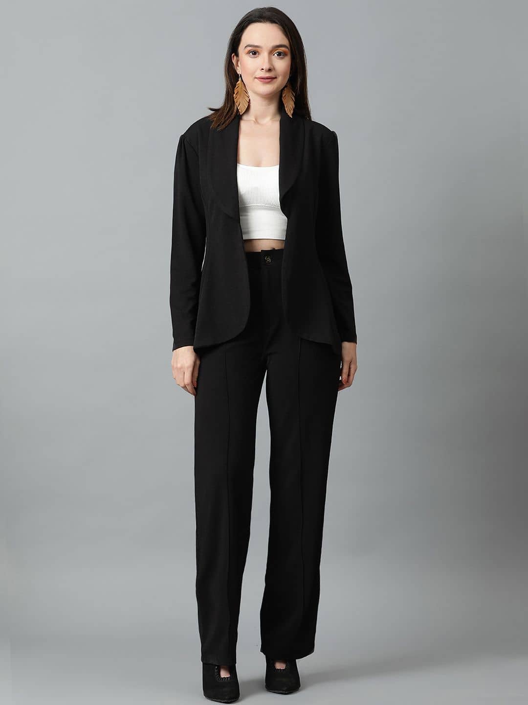 kotty Women Solid Blazer With Trousers Co-Ord Set ( Black )