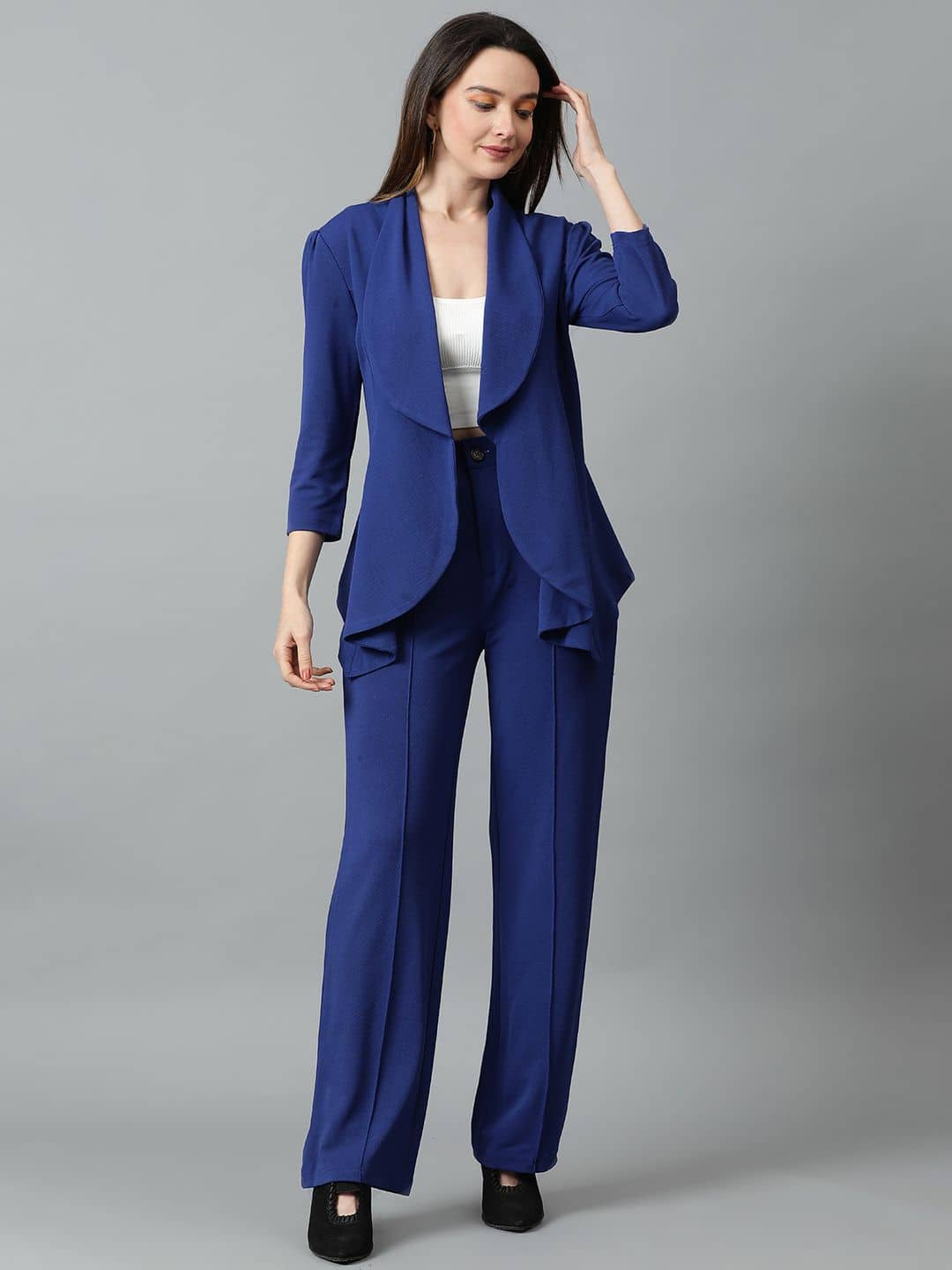 kotty Women Solid Blazer With Trousers Co-Ord Set ( Blue )